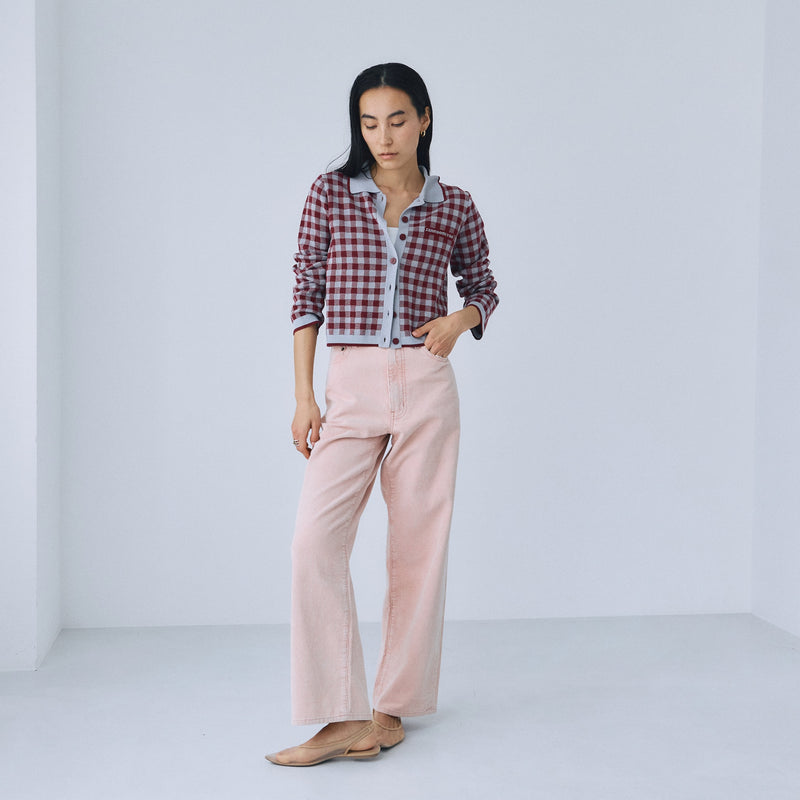 Gingham check collar knit cardigan
