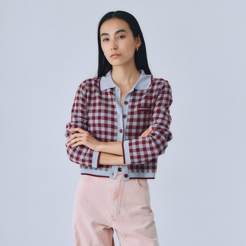 Gingham check collar knit cardigan
