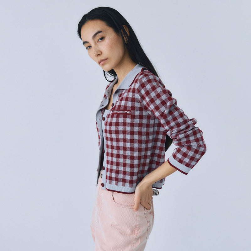 Gingham check collar knit cardigan