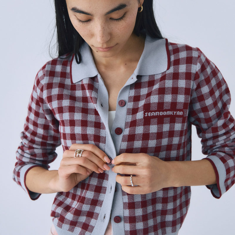 Gingham check collar knit cardigan