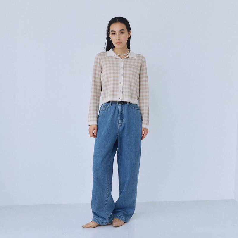 Gingham check collar knit cardigan