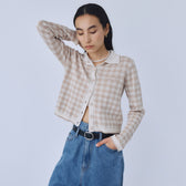 Gingham check collar knit cardigan
