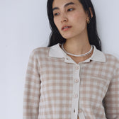 Gingham check collar knit cardigan