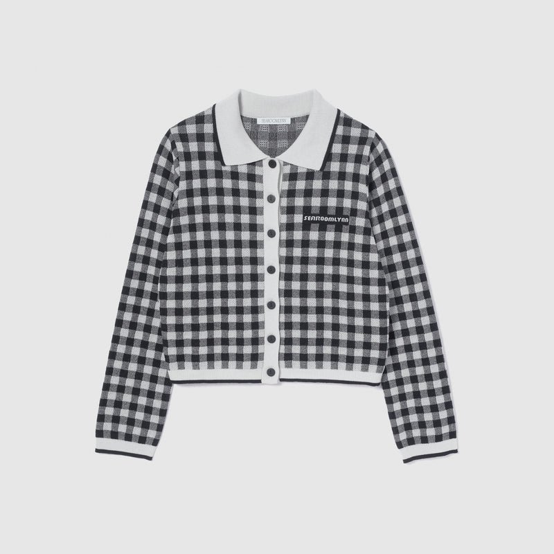 Gingham check collar knit cardigan