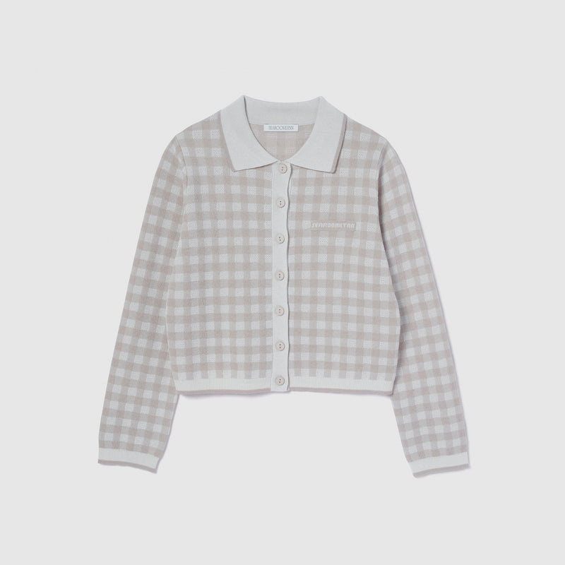 Gingham check collar knit cardigan