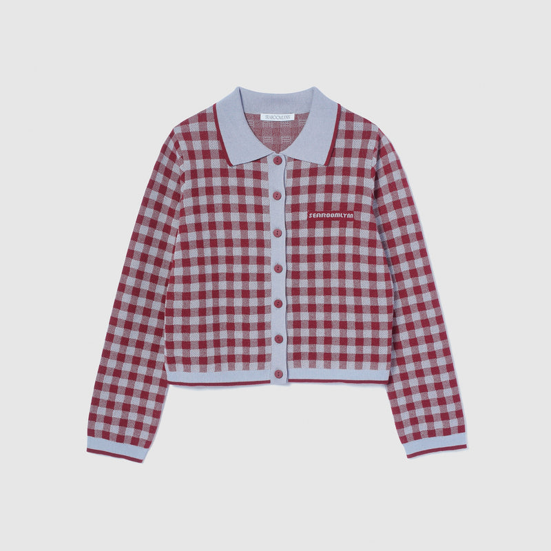 Gingham check collar knit cardigan