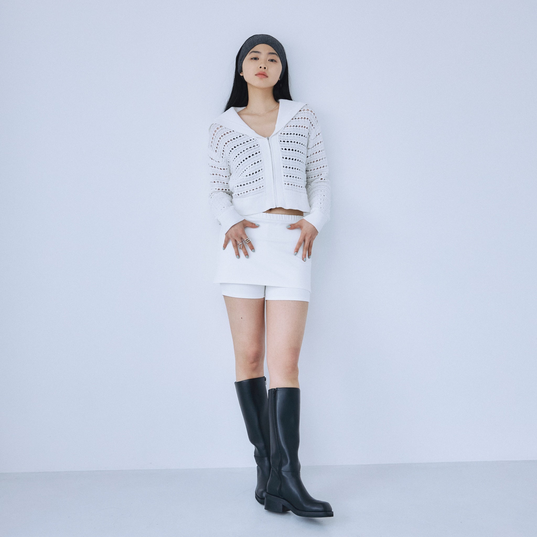 Sailor collar knit zip cardigan