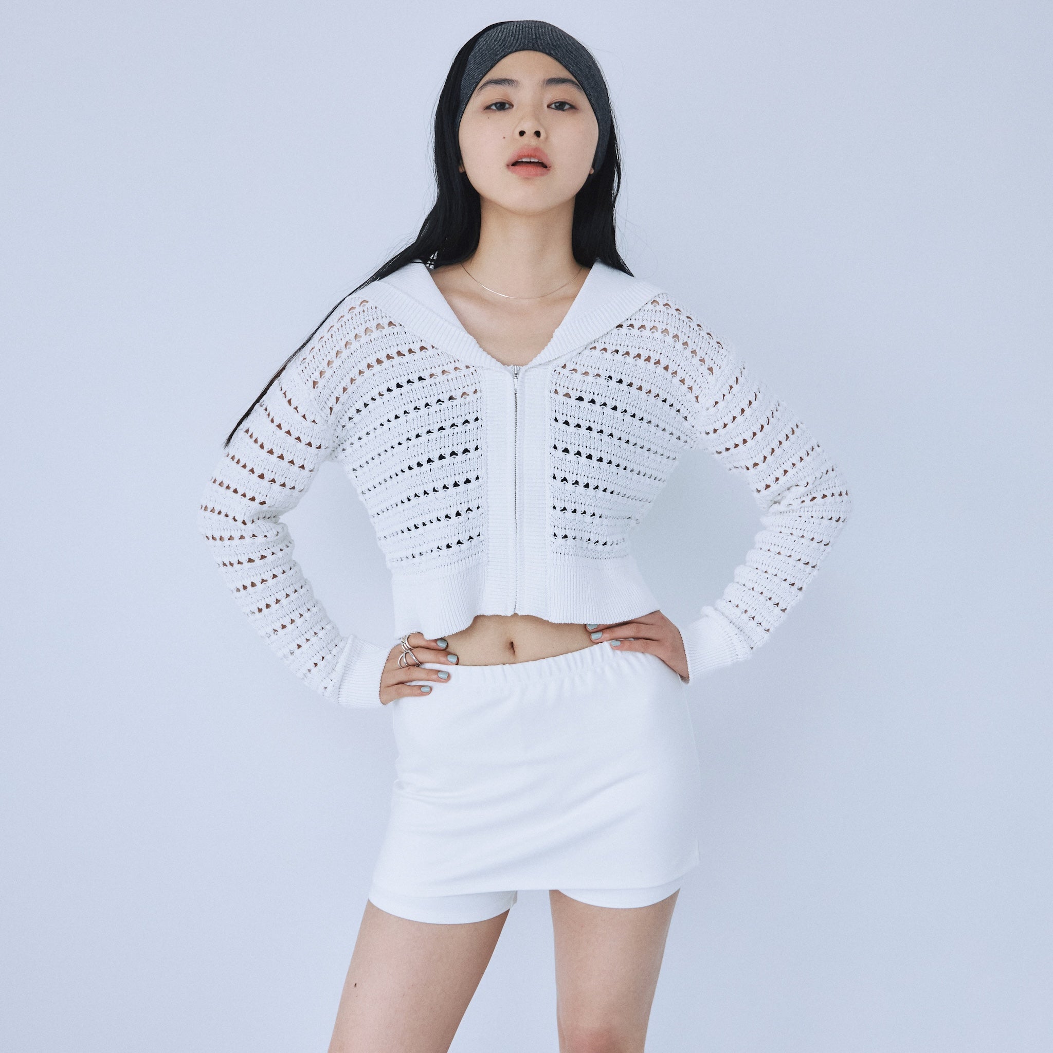 Sailor collar knit zip cardigan