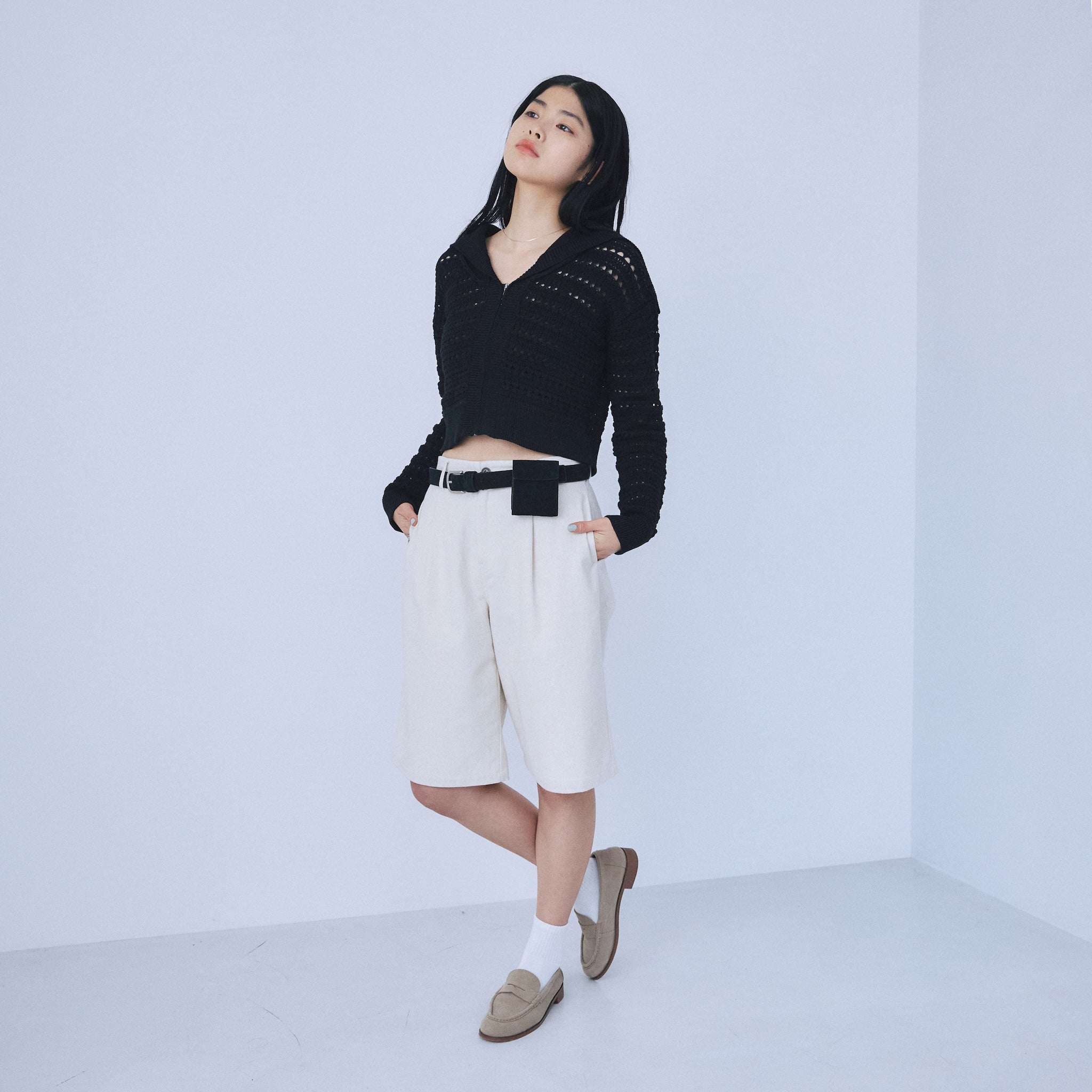 Sailor collar knit zip cardigan