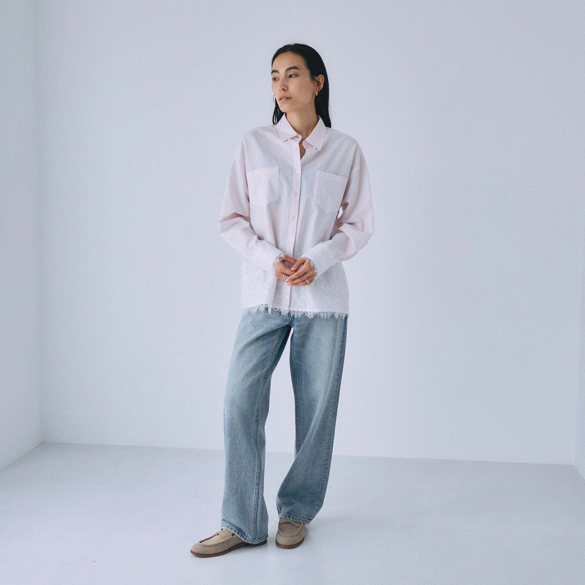 Cotton Washヘムレースシャツ