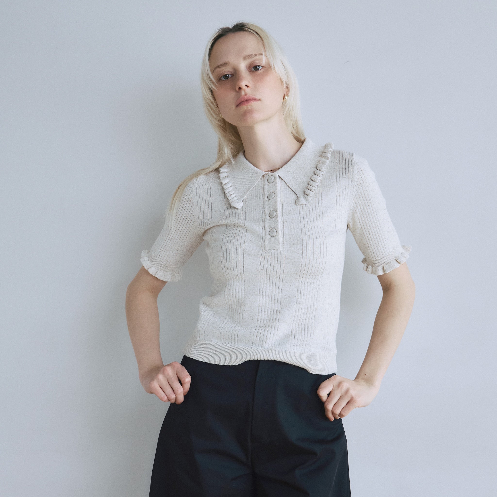 Linen combination FRILL polo top