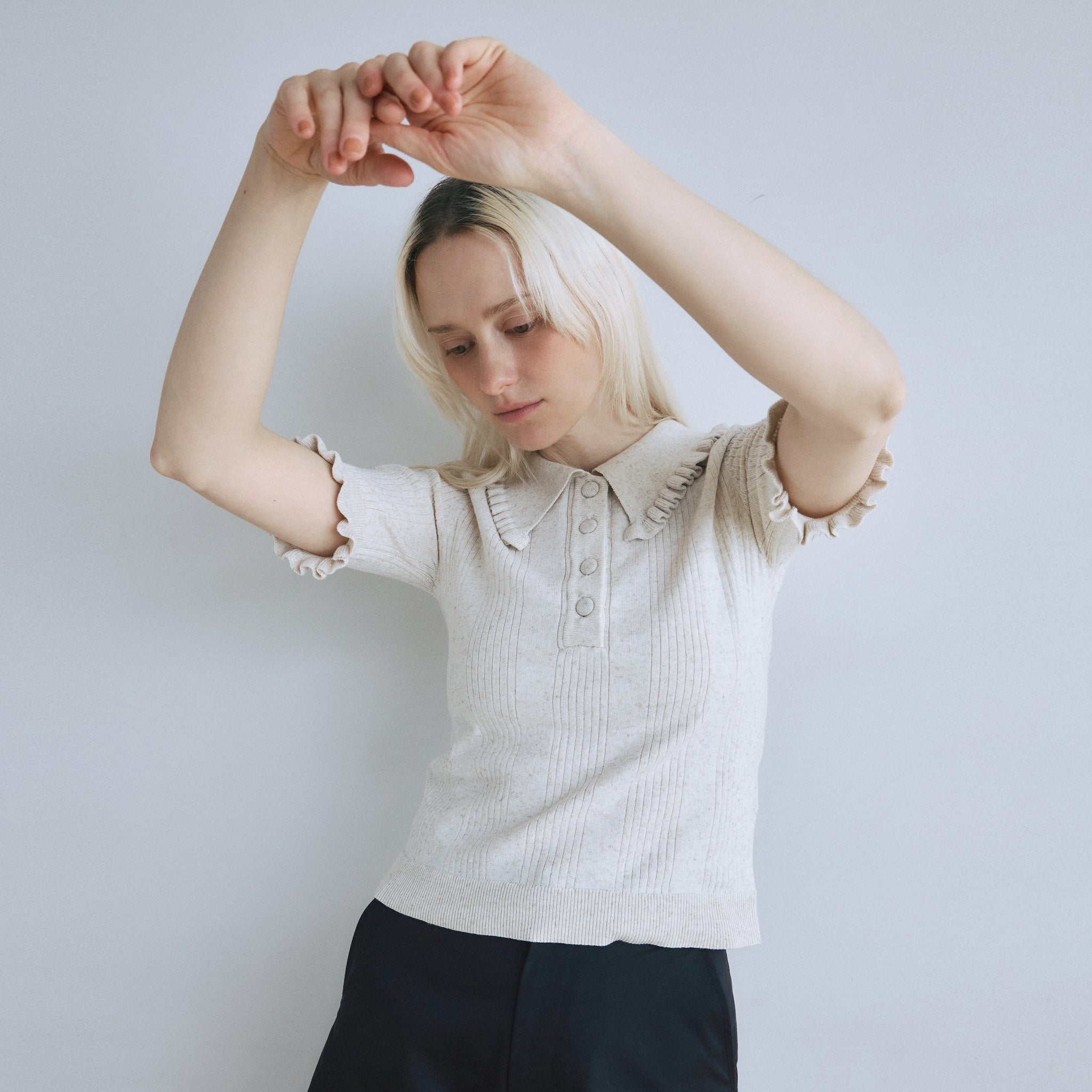 Linen combination FRILL polo top