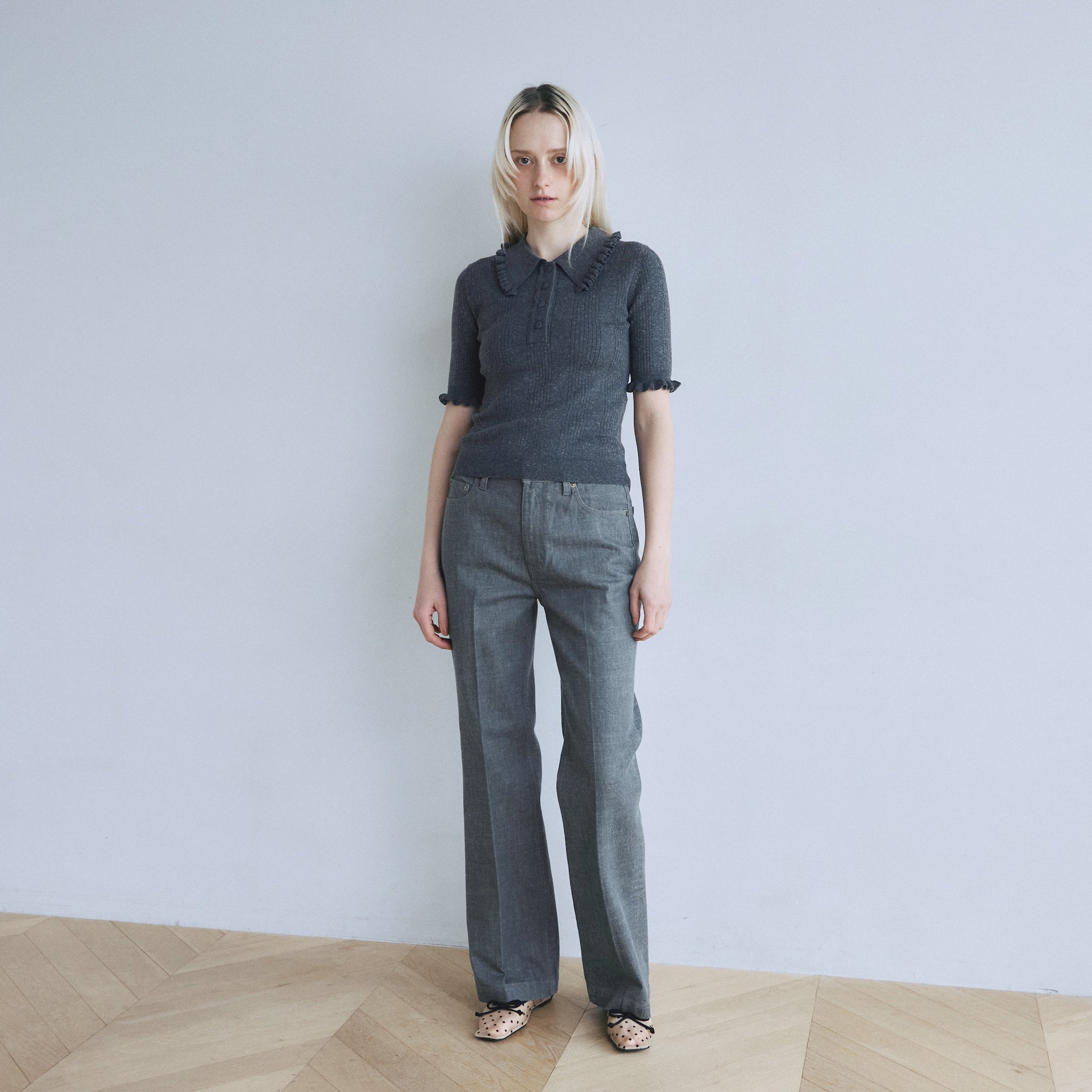 Linen combination FRILL polo top