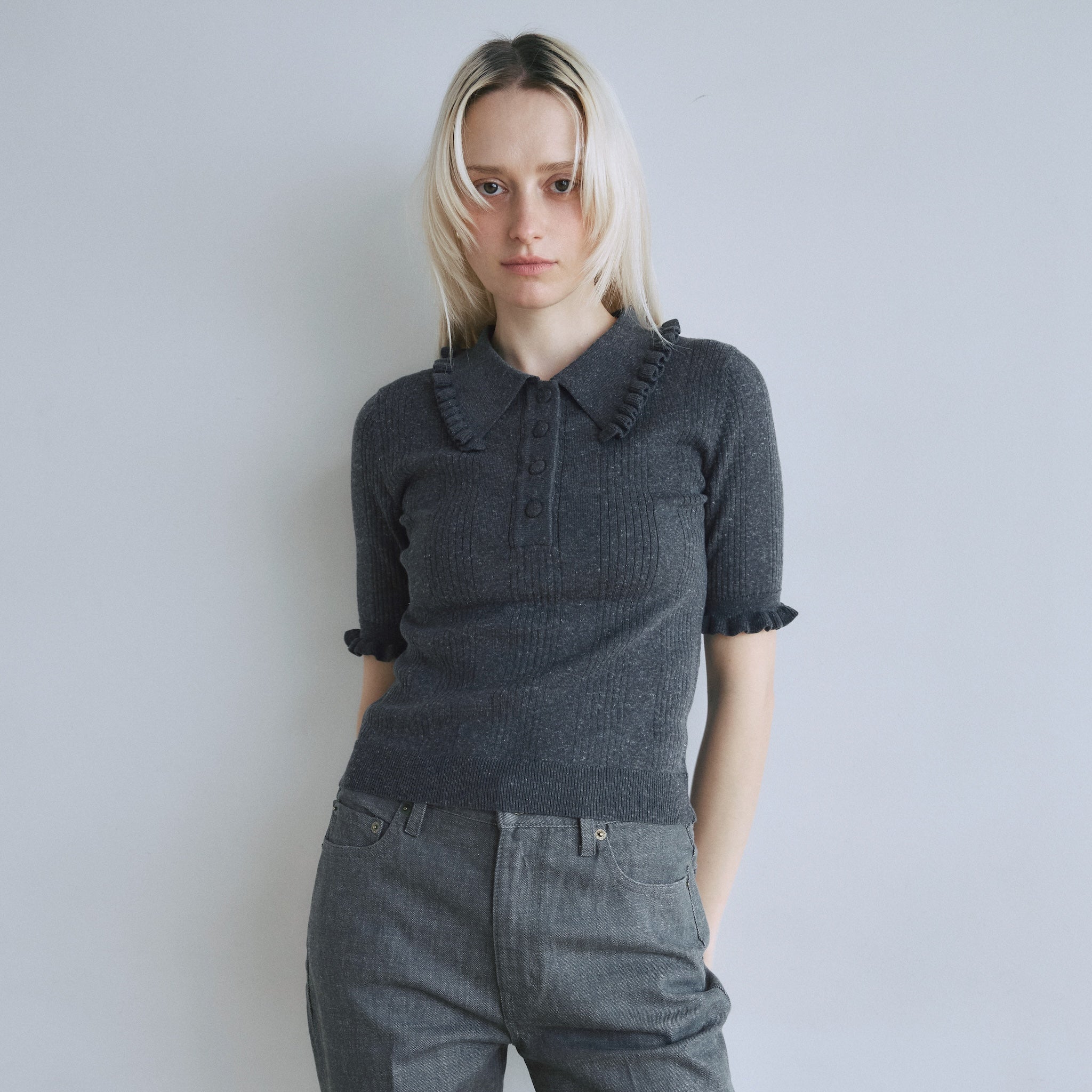 Linen combination FRILL polo top