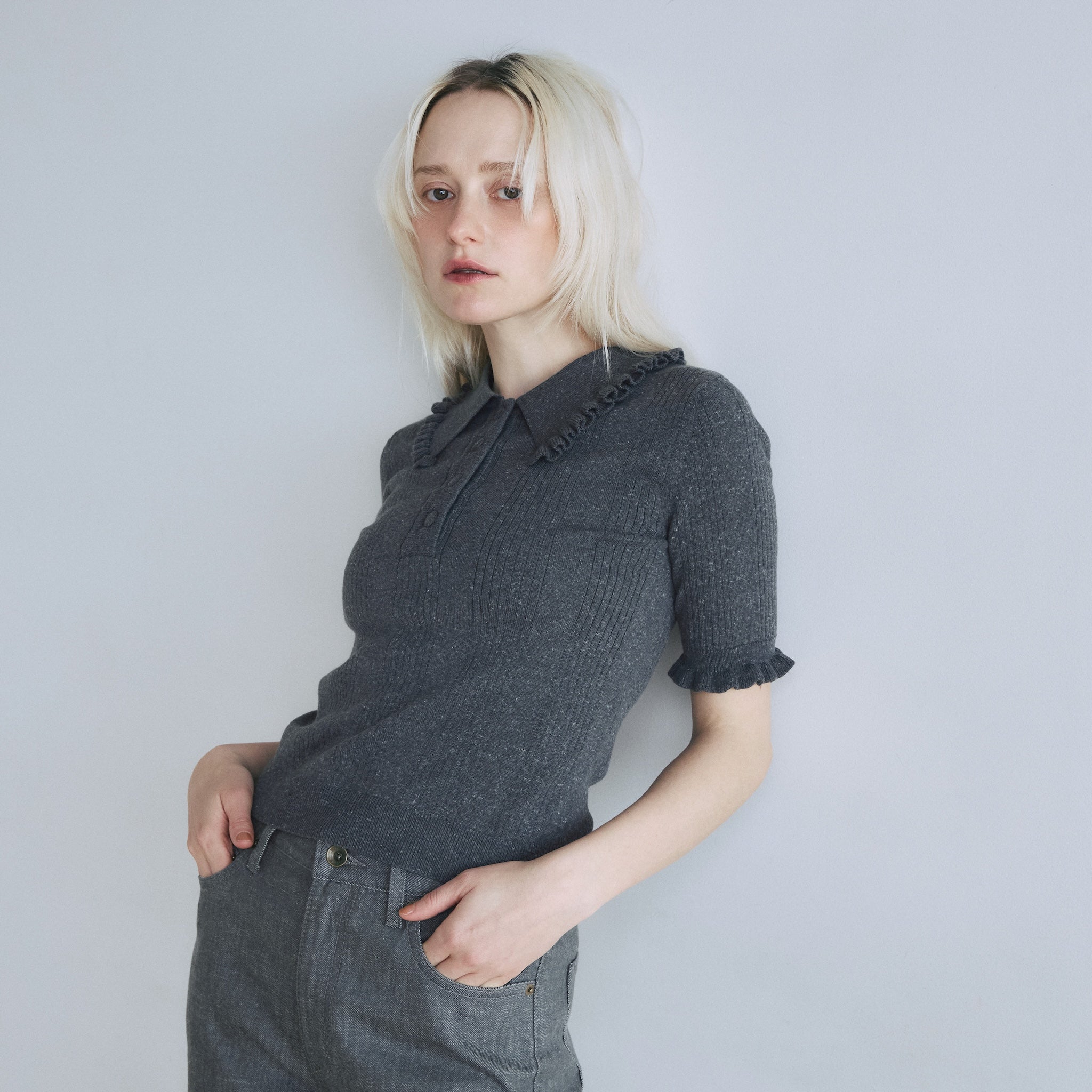 Linen combination FRILL polo top
