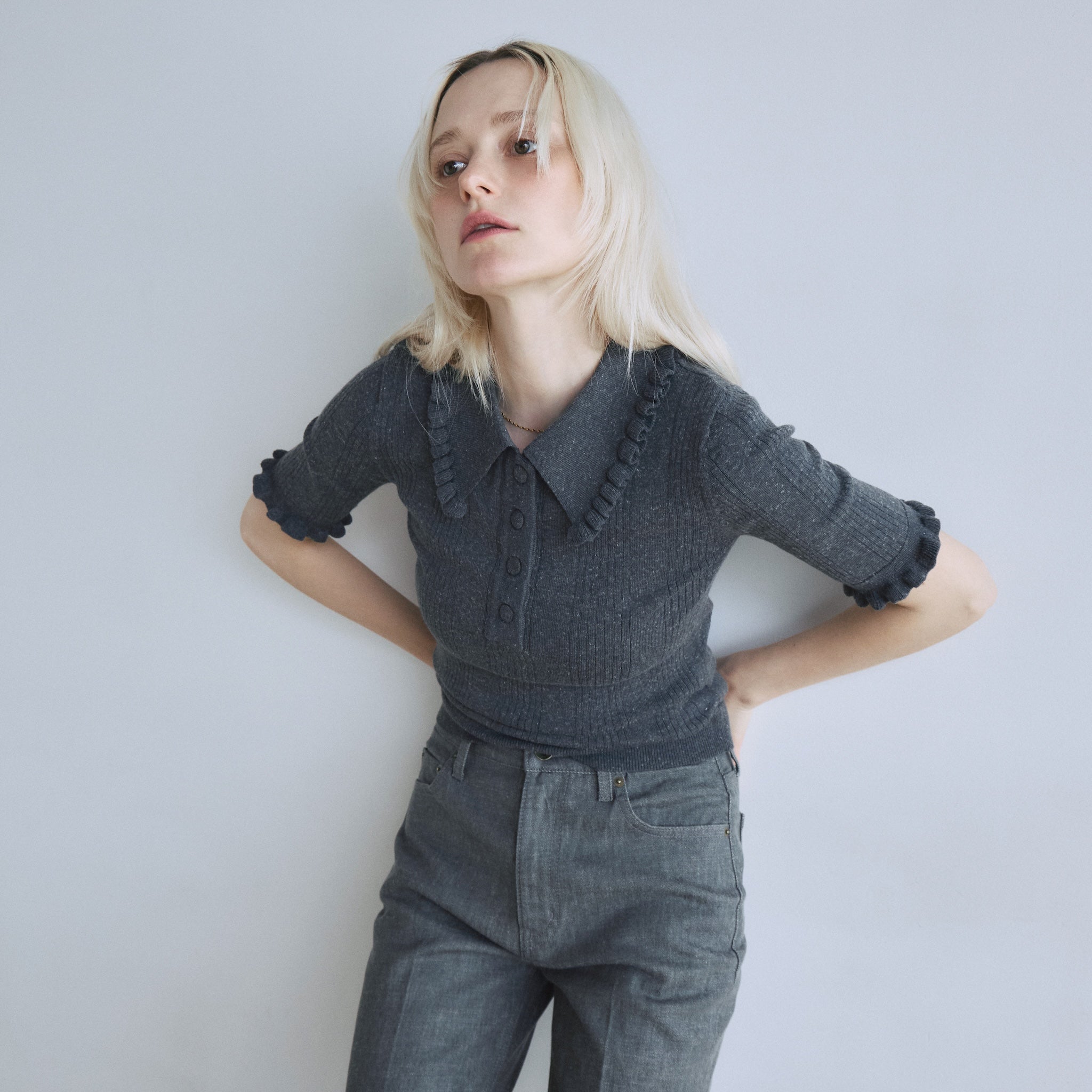 Linen combination FRILL polo top