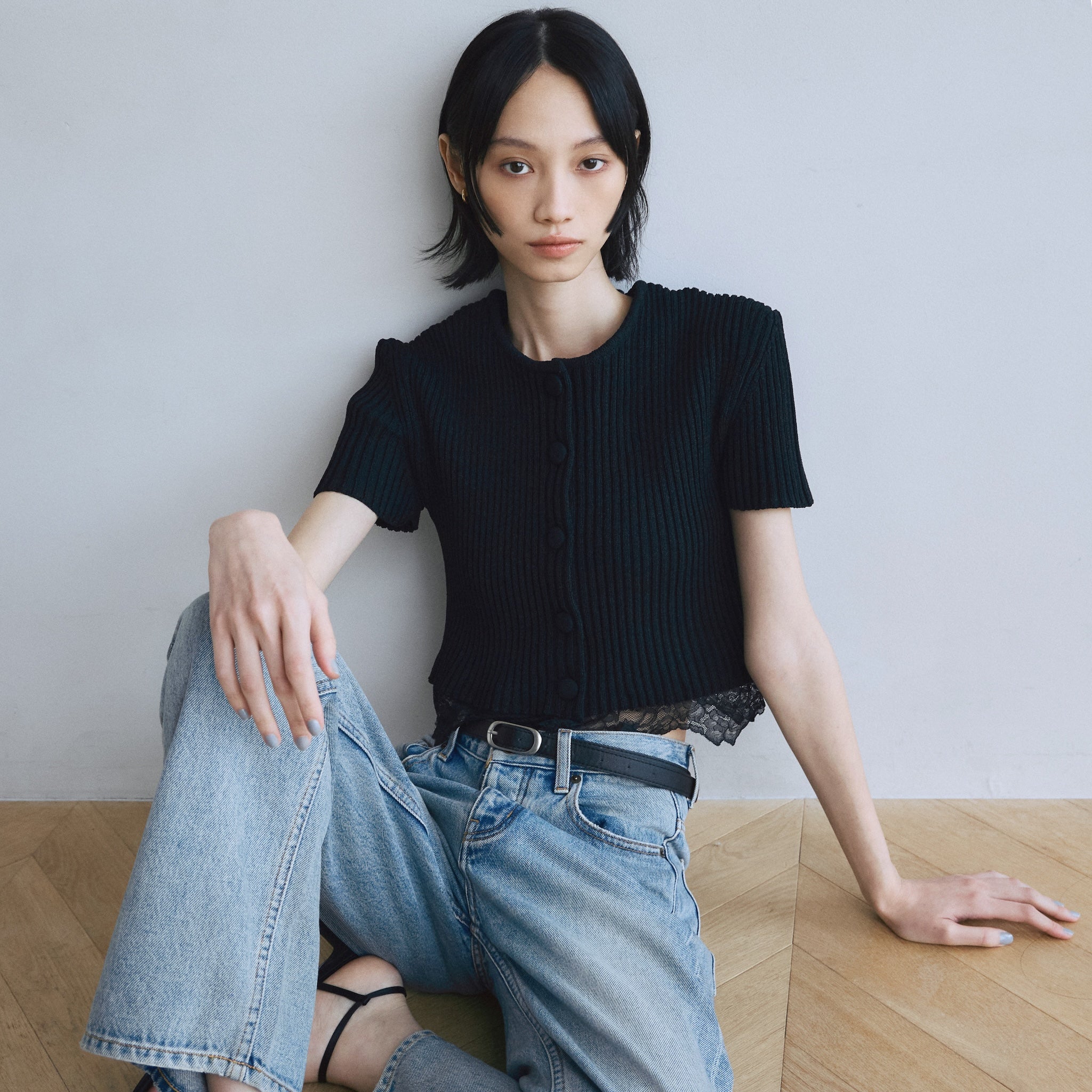 Laceコンビ2way Knitカーディガン