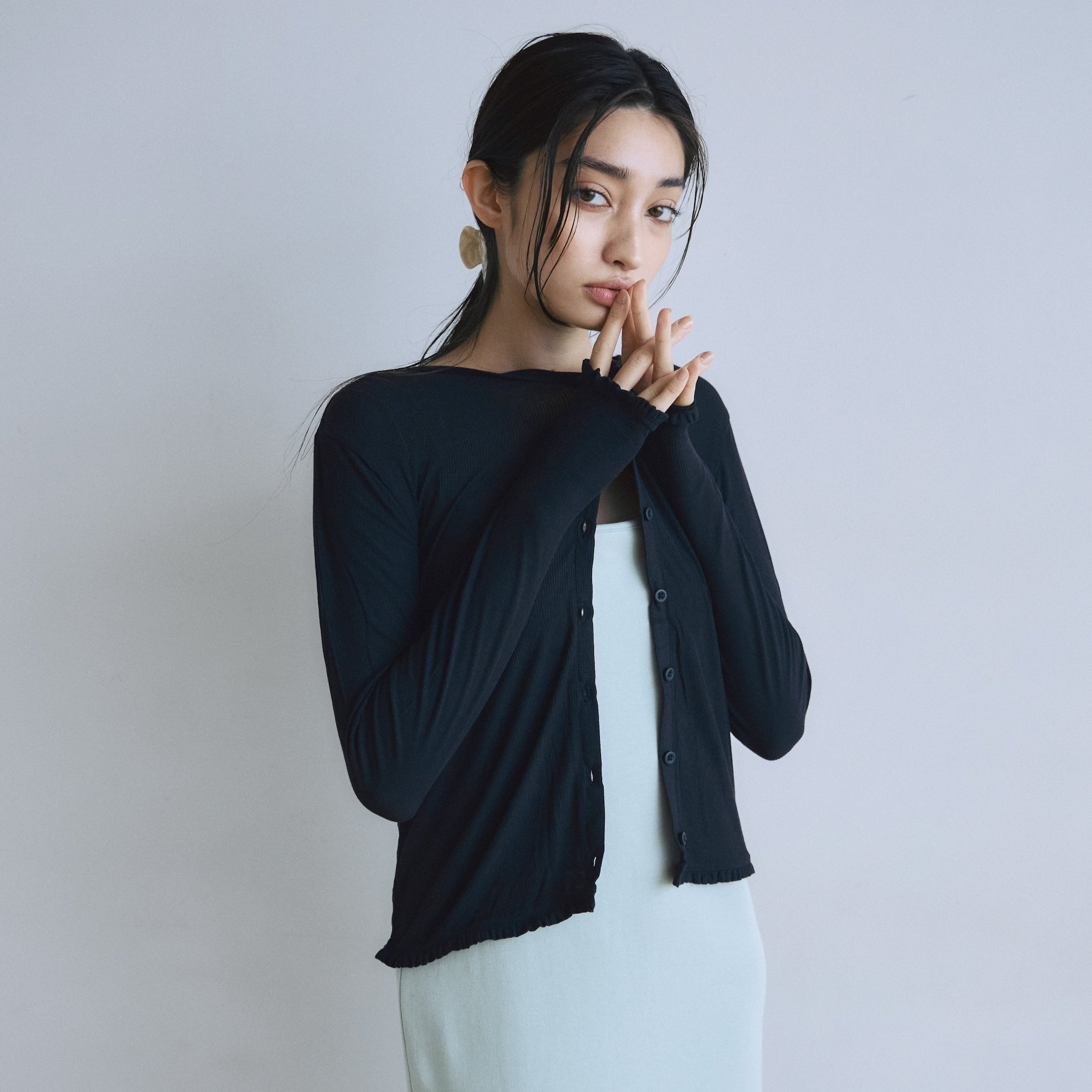 Sheer RIB Frillカーディガン