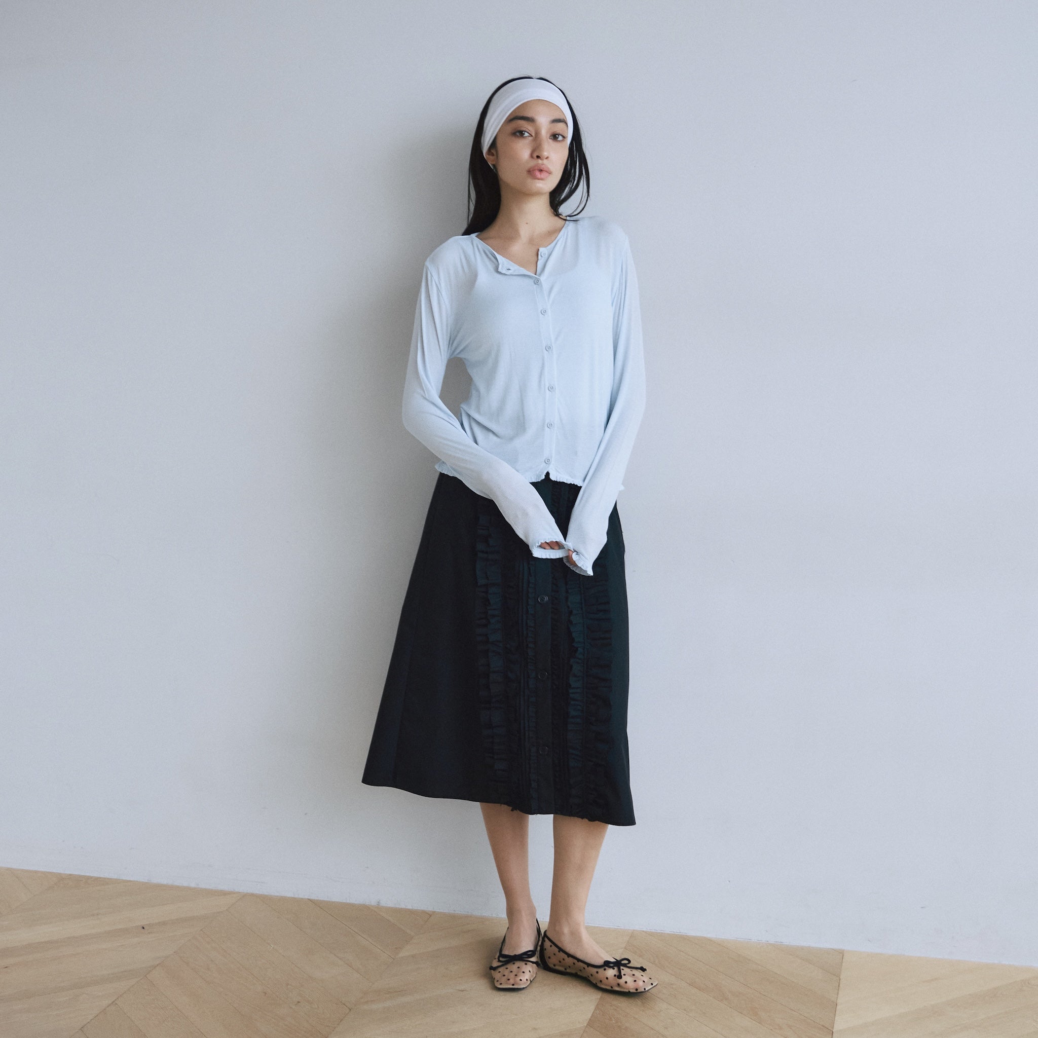 Sheer RIB Frillカーディガン