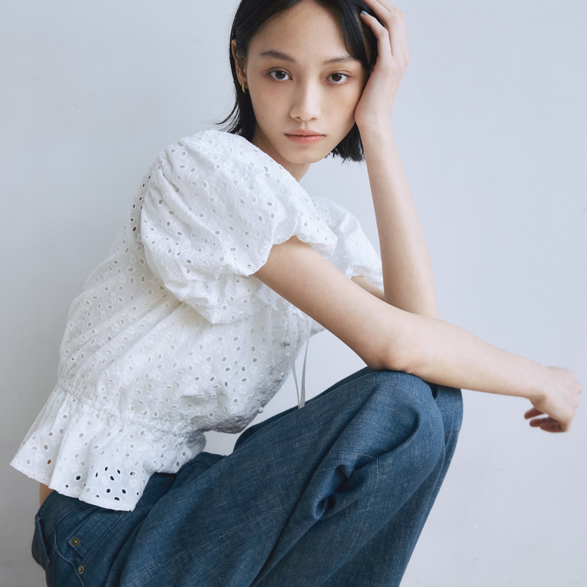 Cotton Laceパフスリーブシャツ