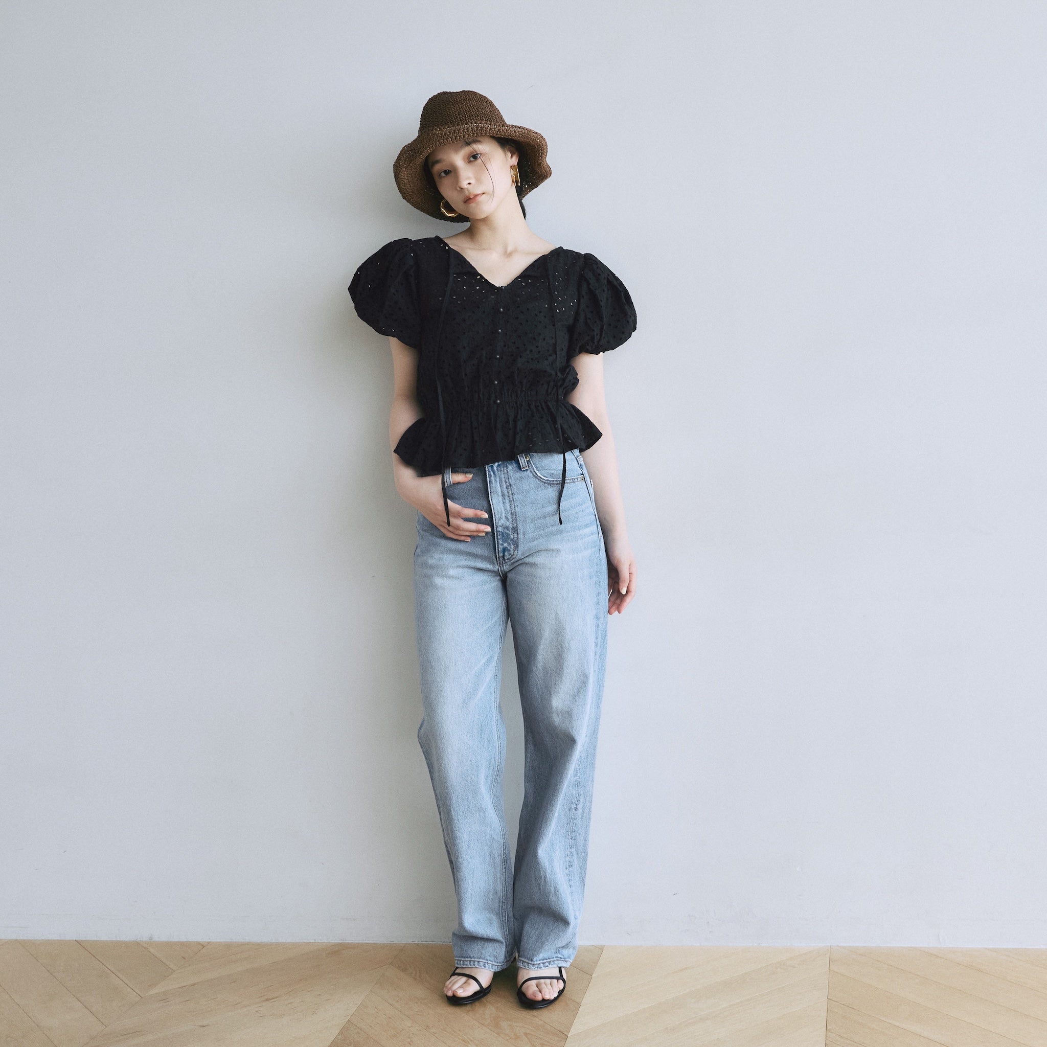 即完売新品タグ付SeaRoomlynnCottonLaceパフスリーブシャツ黒 Cotton Laceパフスリーブシャツ