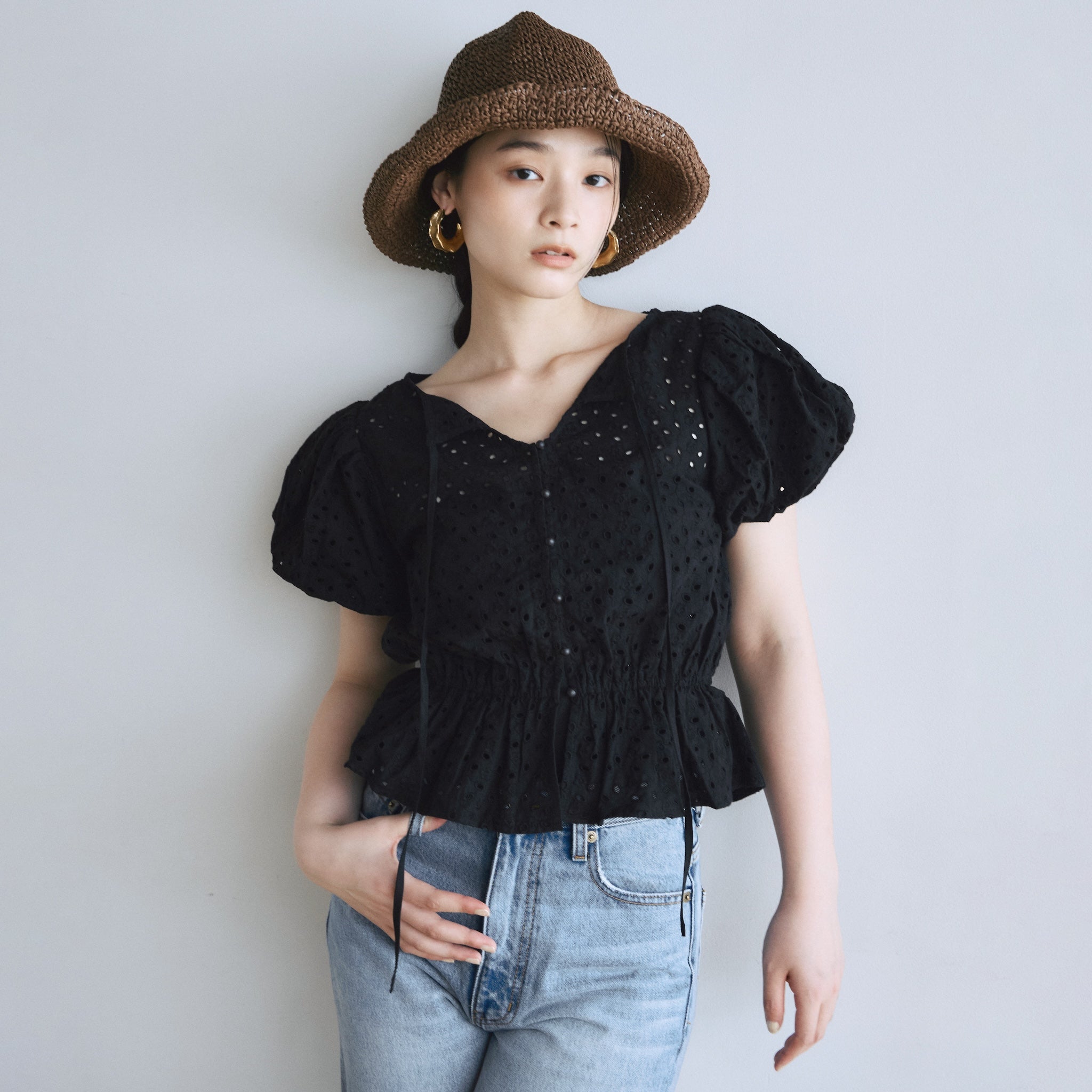 Cotton Laceパフスリーブシャツ