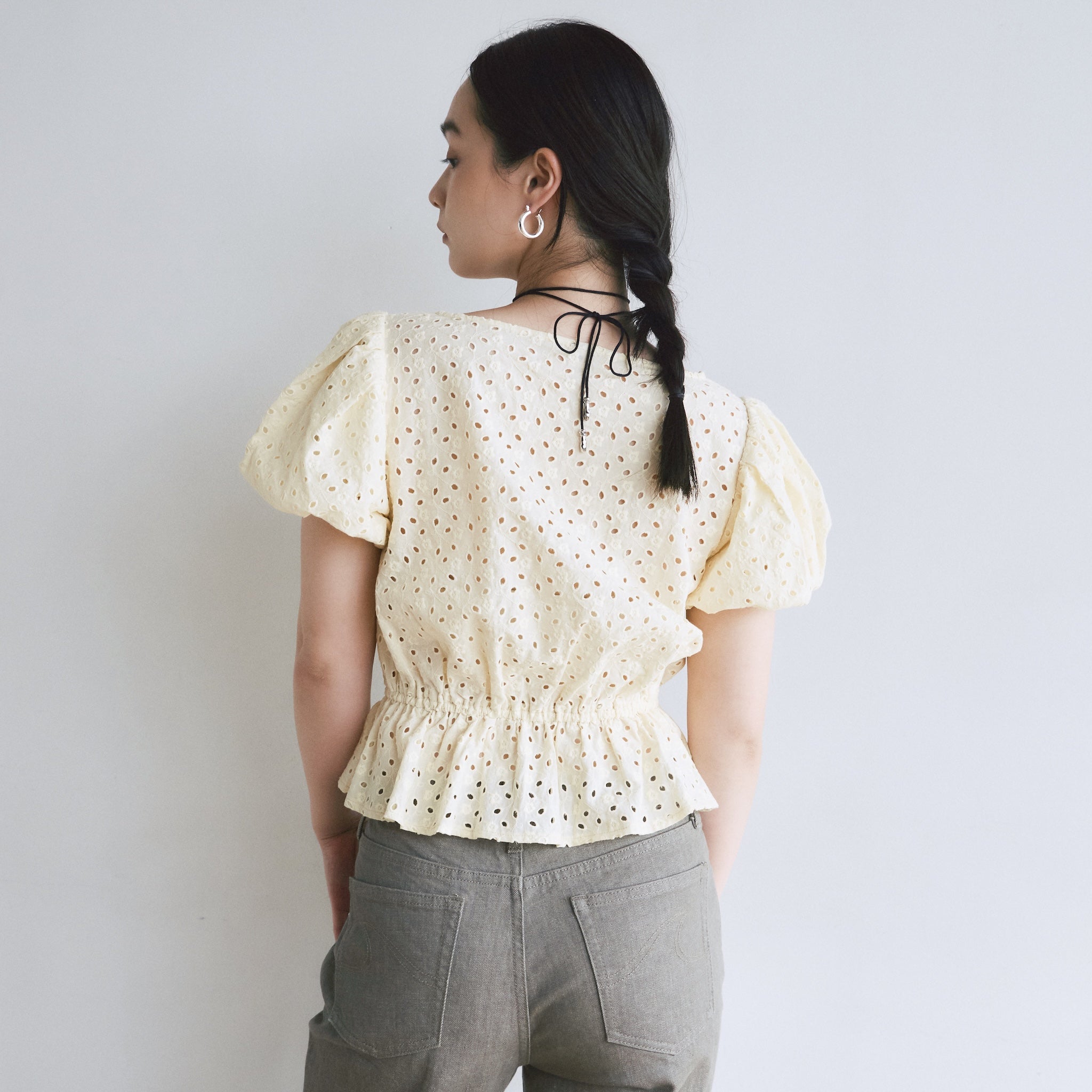 Cotton Laceパフスリーブシャツ