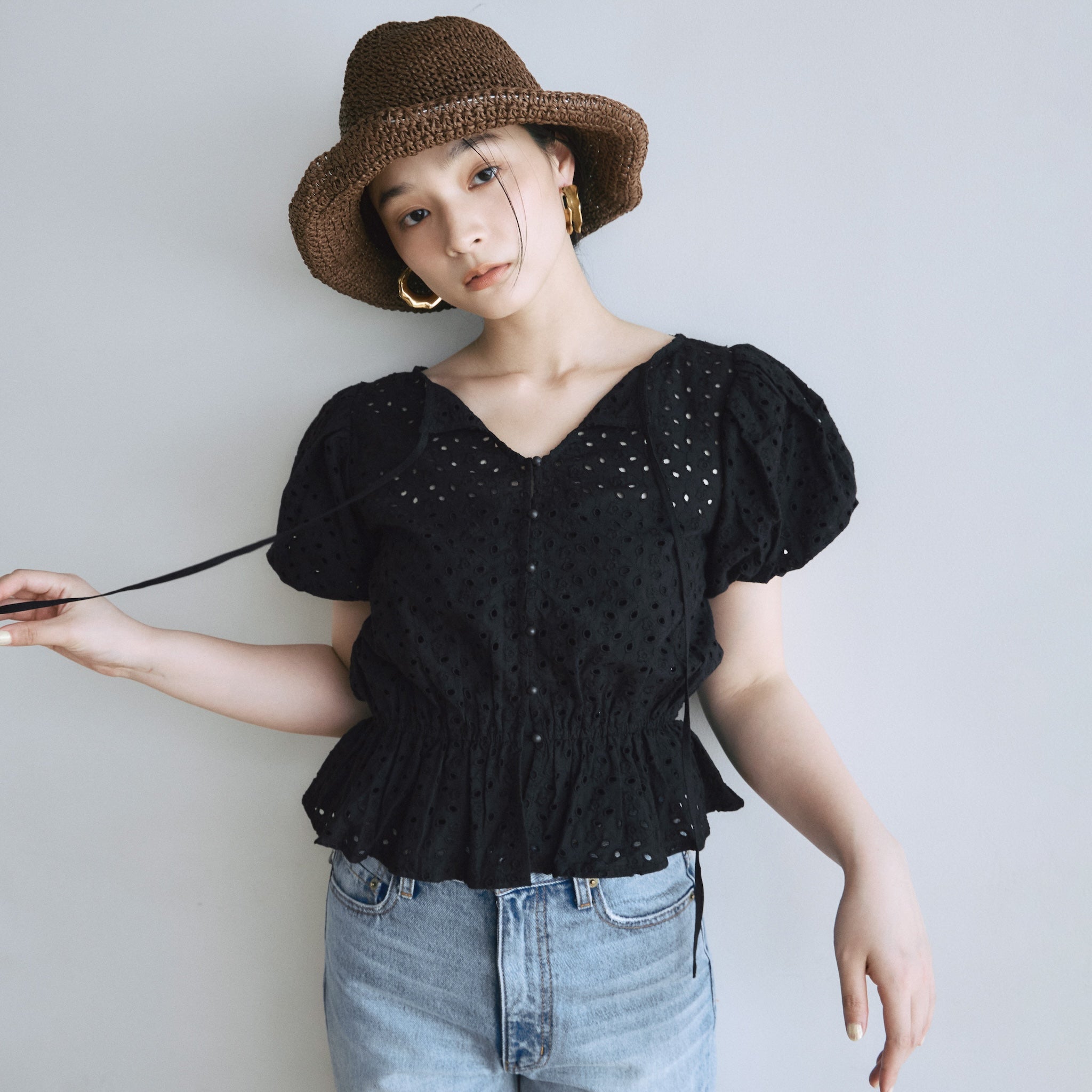 Cotton Laceパフスリーブシャツ