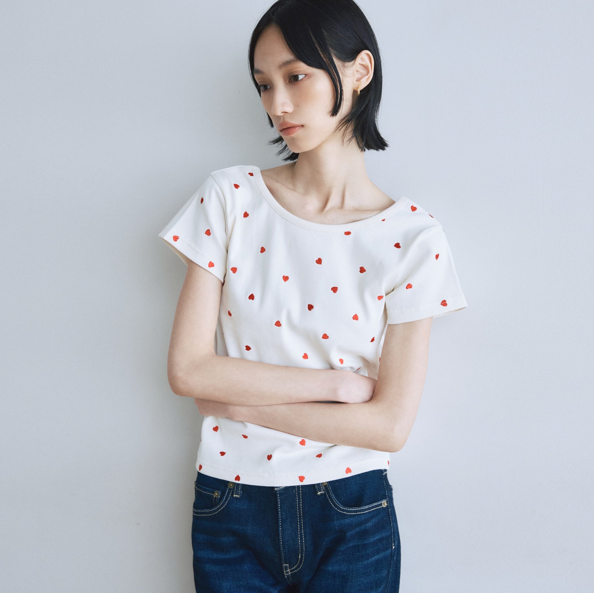 Heart emb back open RIBトップス