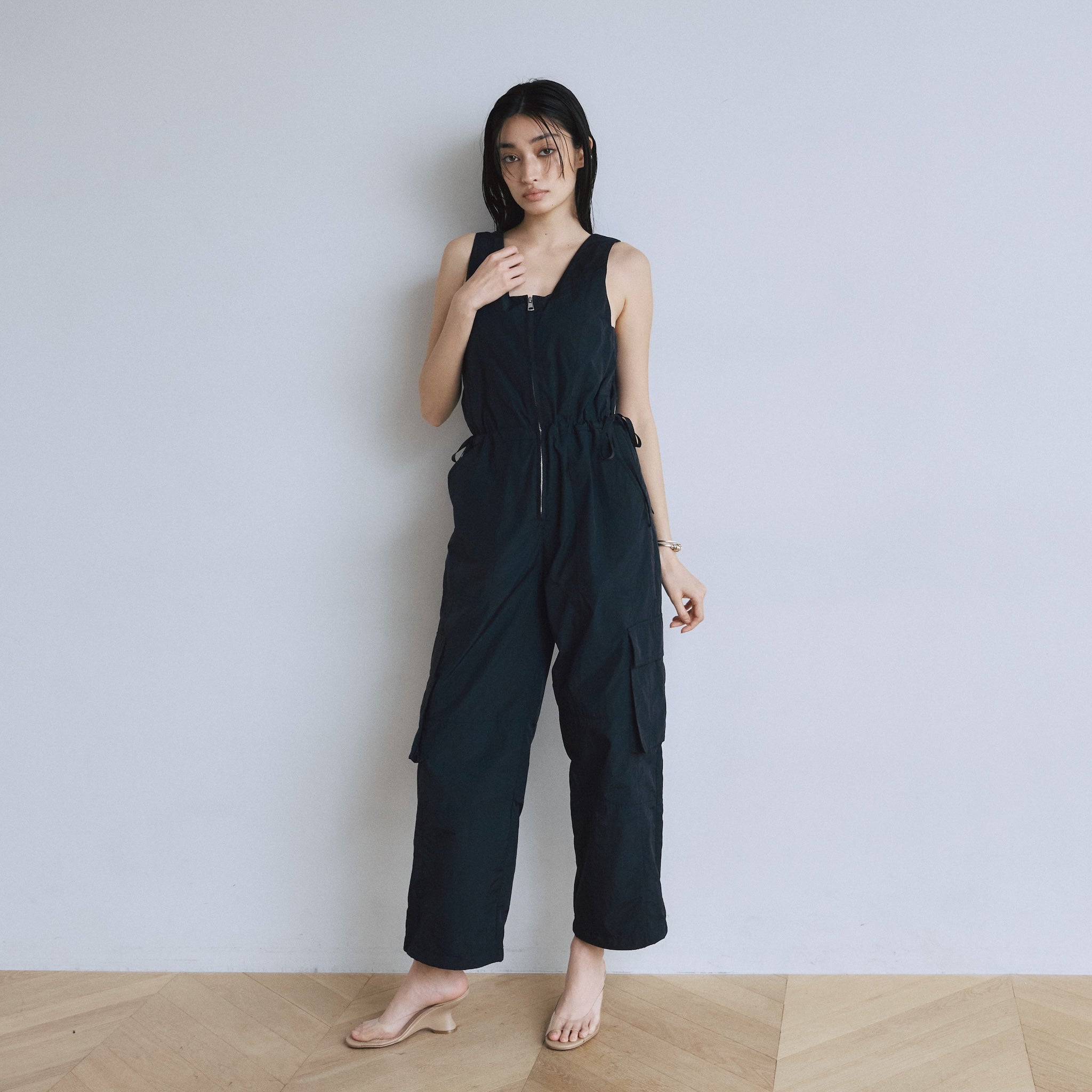 フロントZipナイロンサロペット