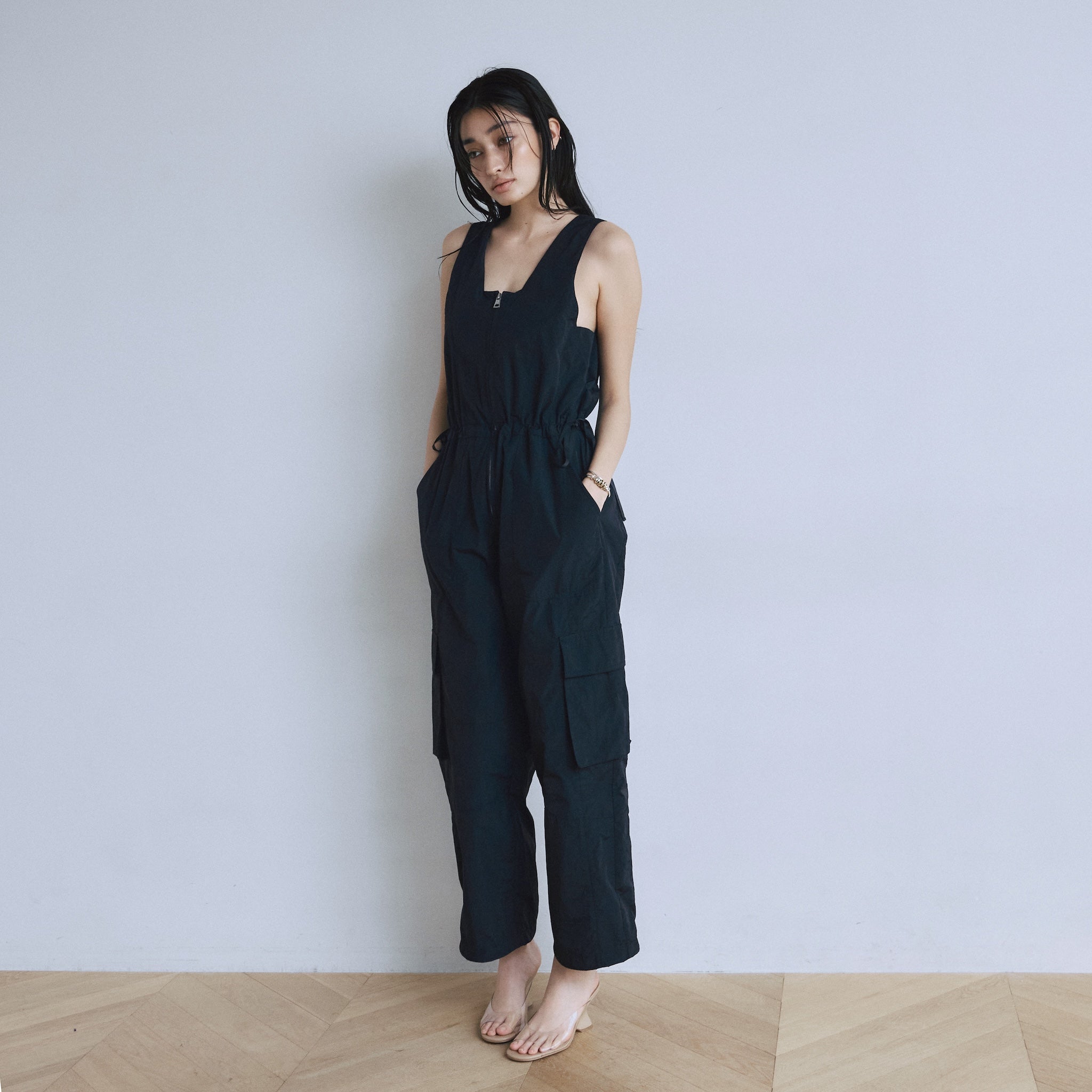 フロントZipナイロンサロペット