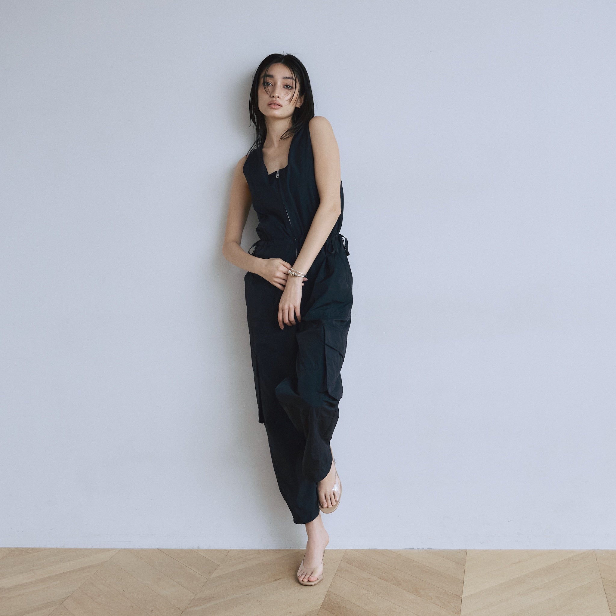 フロントZipナイロンサロペット