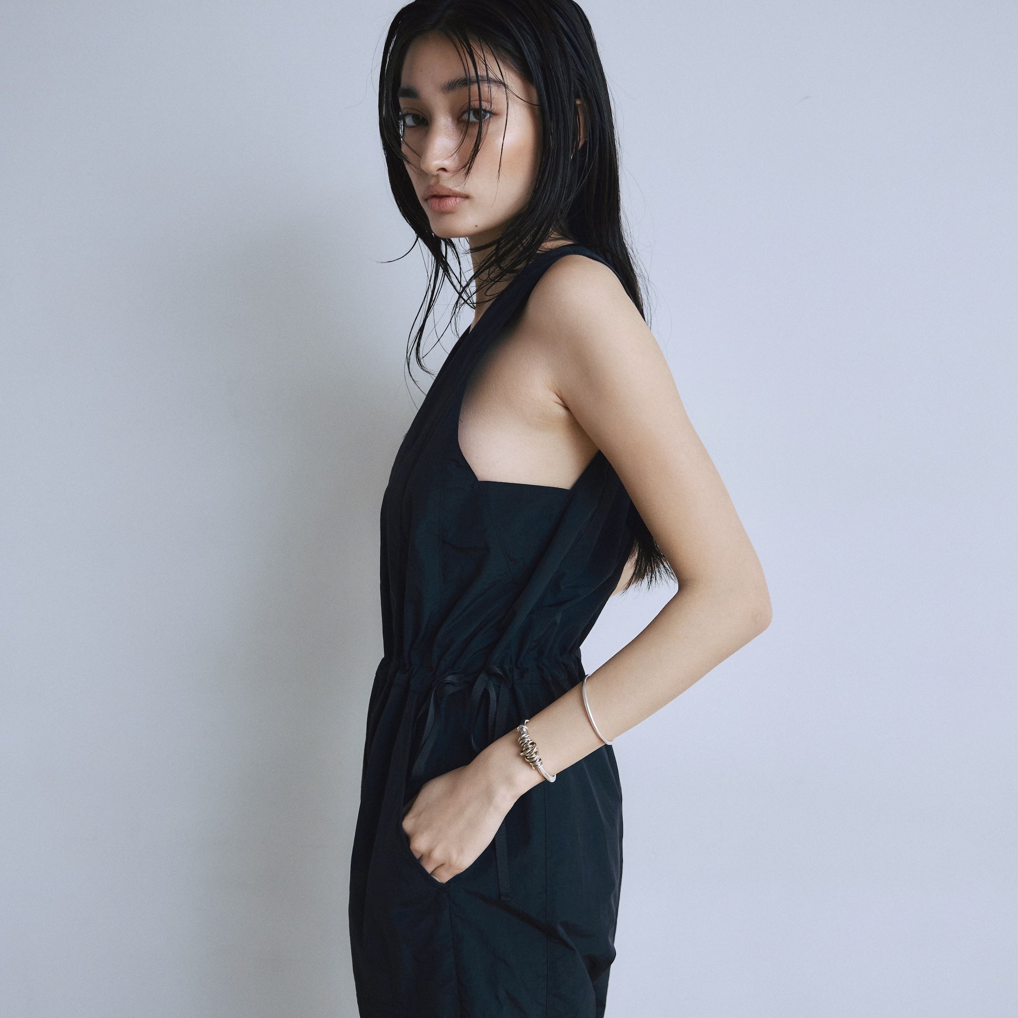 フロントZipナイロンサロペット