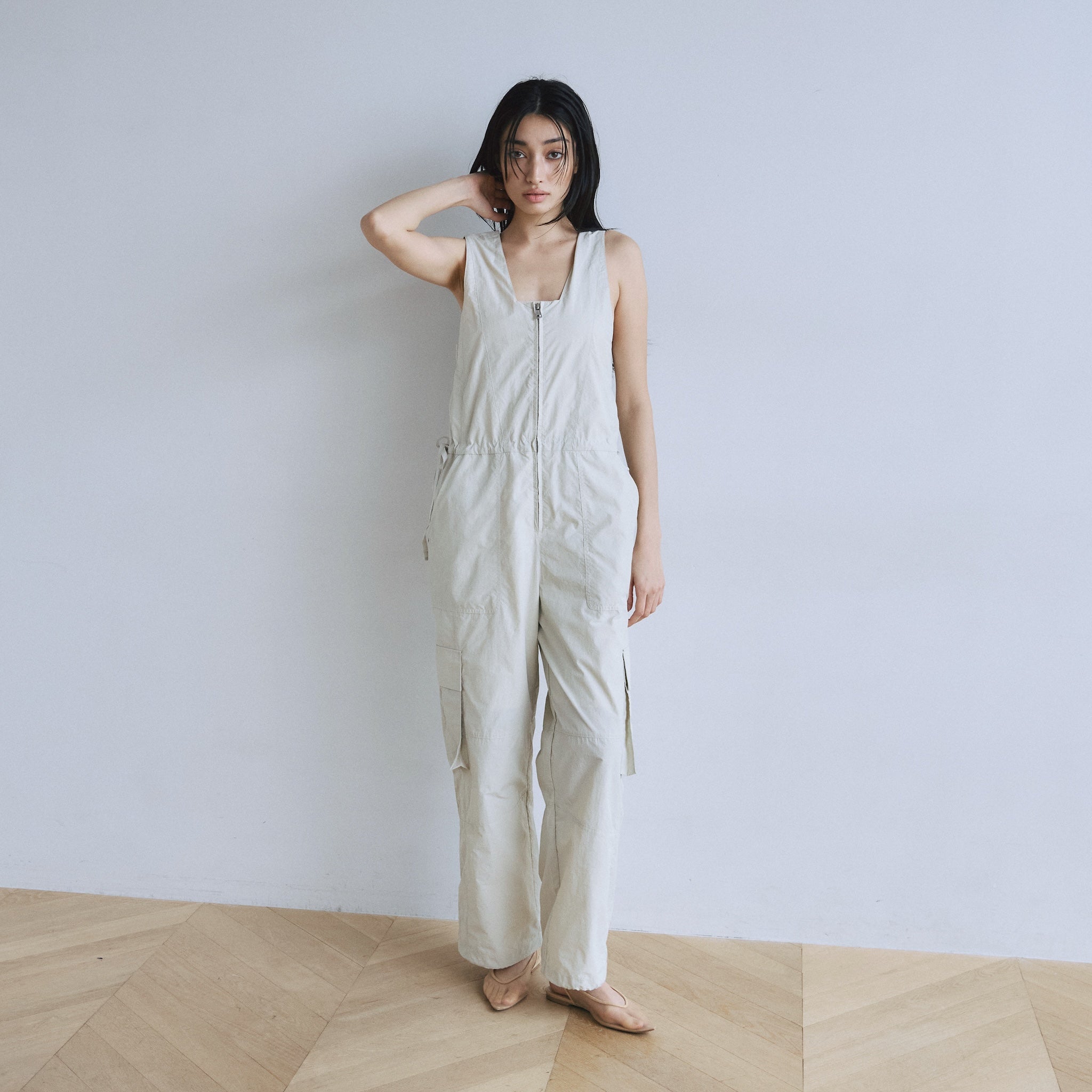 フロントZipナイロンサロペット