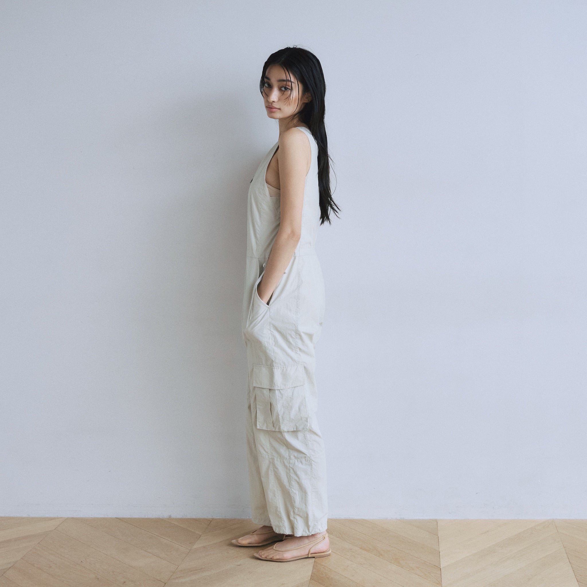 フロントZipナイロンサロペット