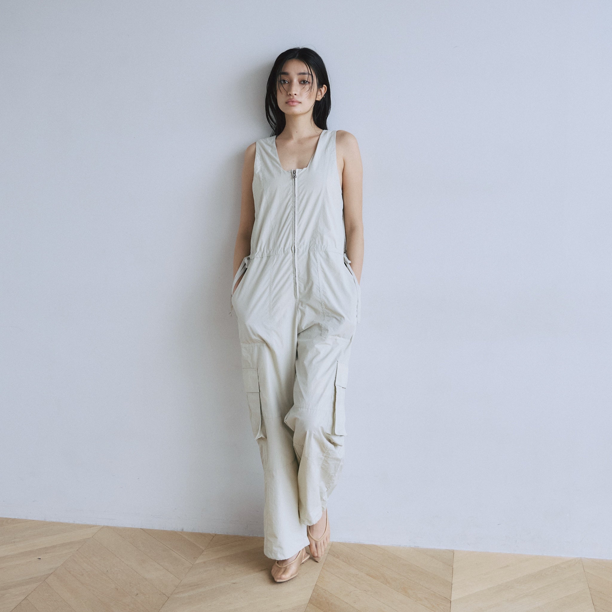 フロントZipナイロンサロペット