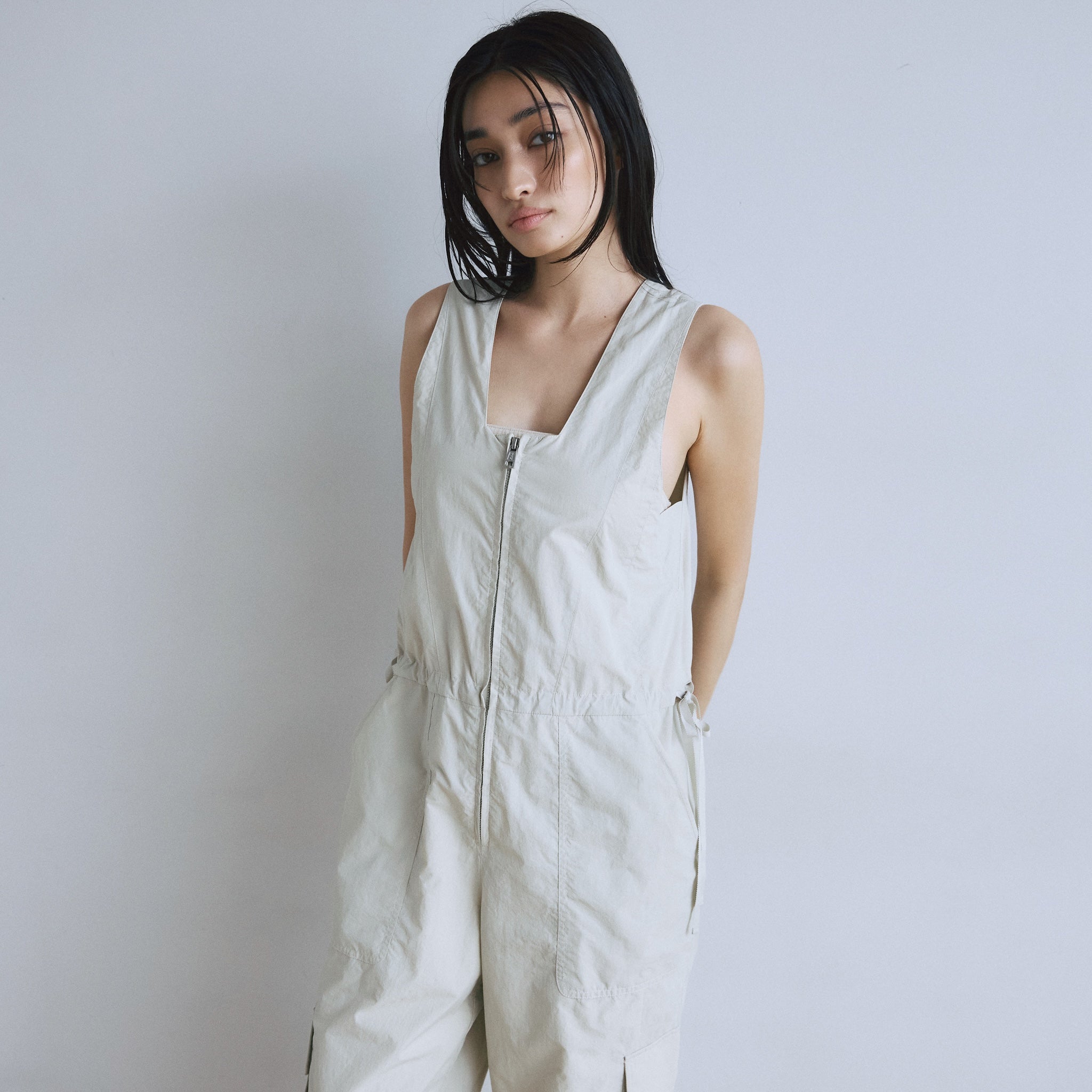 フロントZipナイロンサロペット