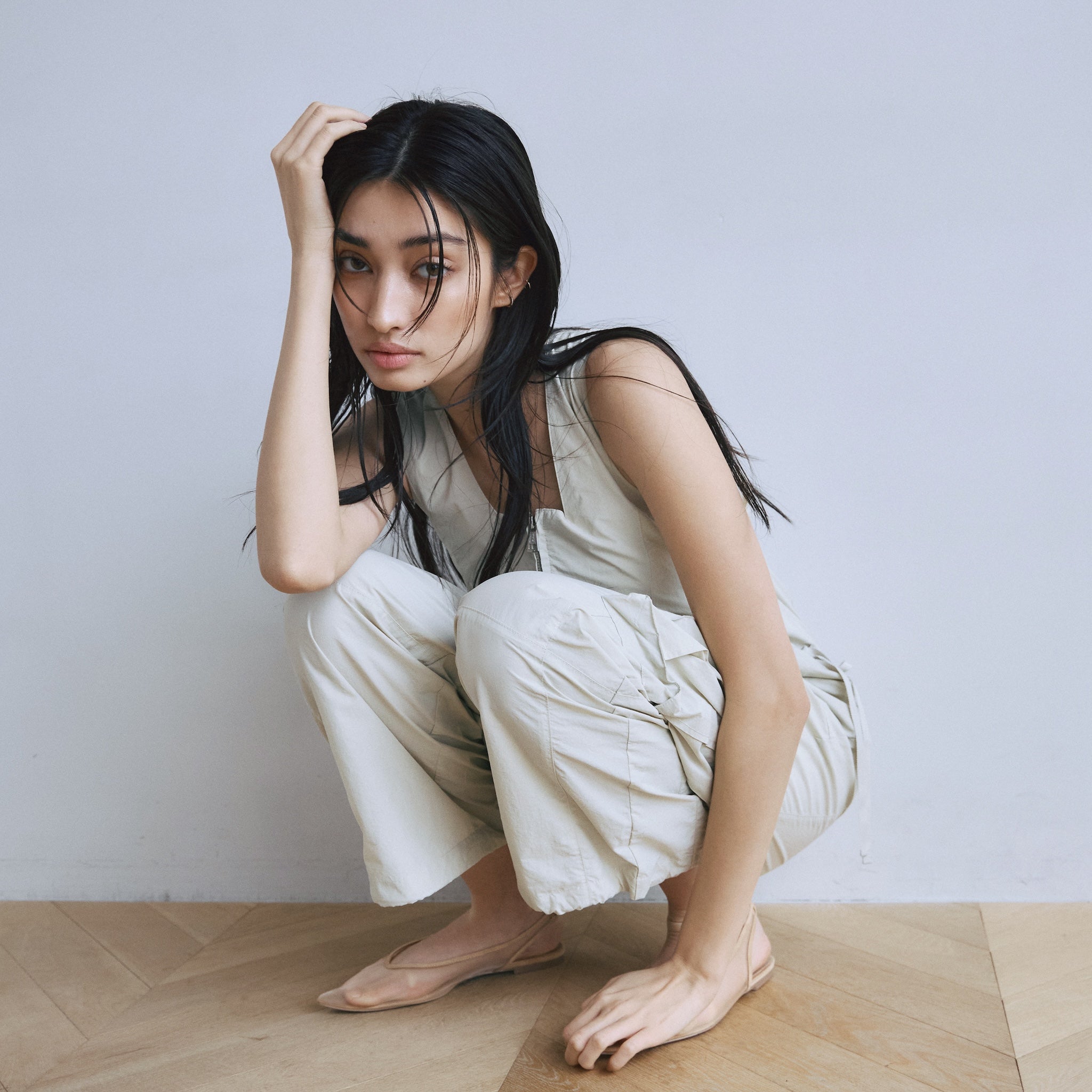 フロントZipナイロンサロペット