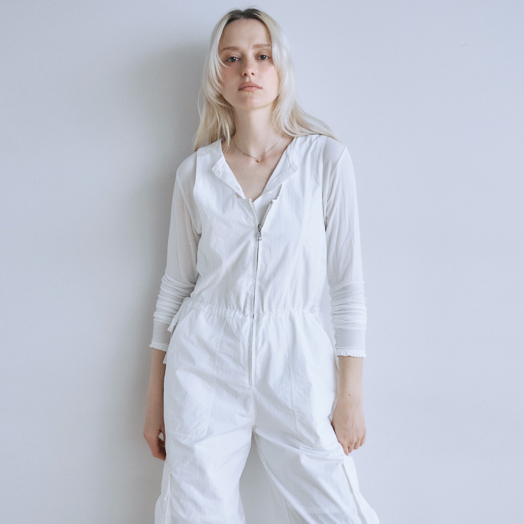 フロントZipナイロンサロペット