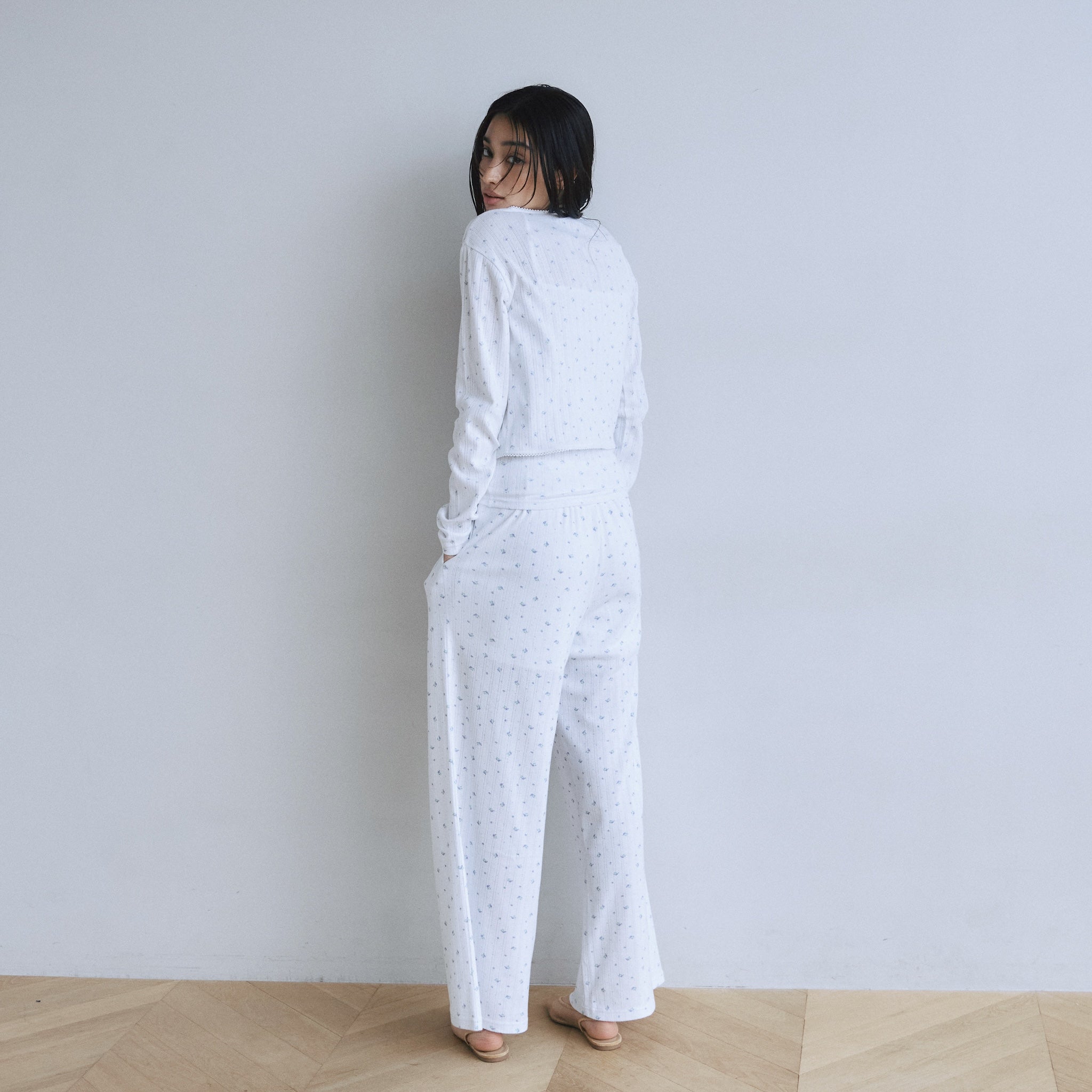 FloralアイレットRIBギャザーパンツ
