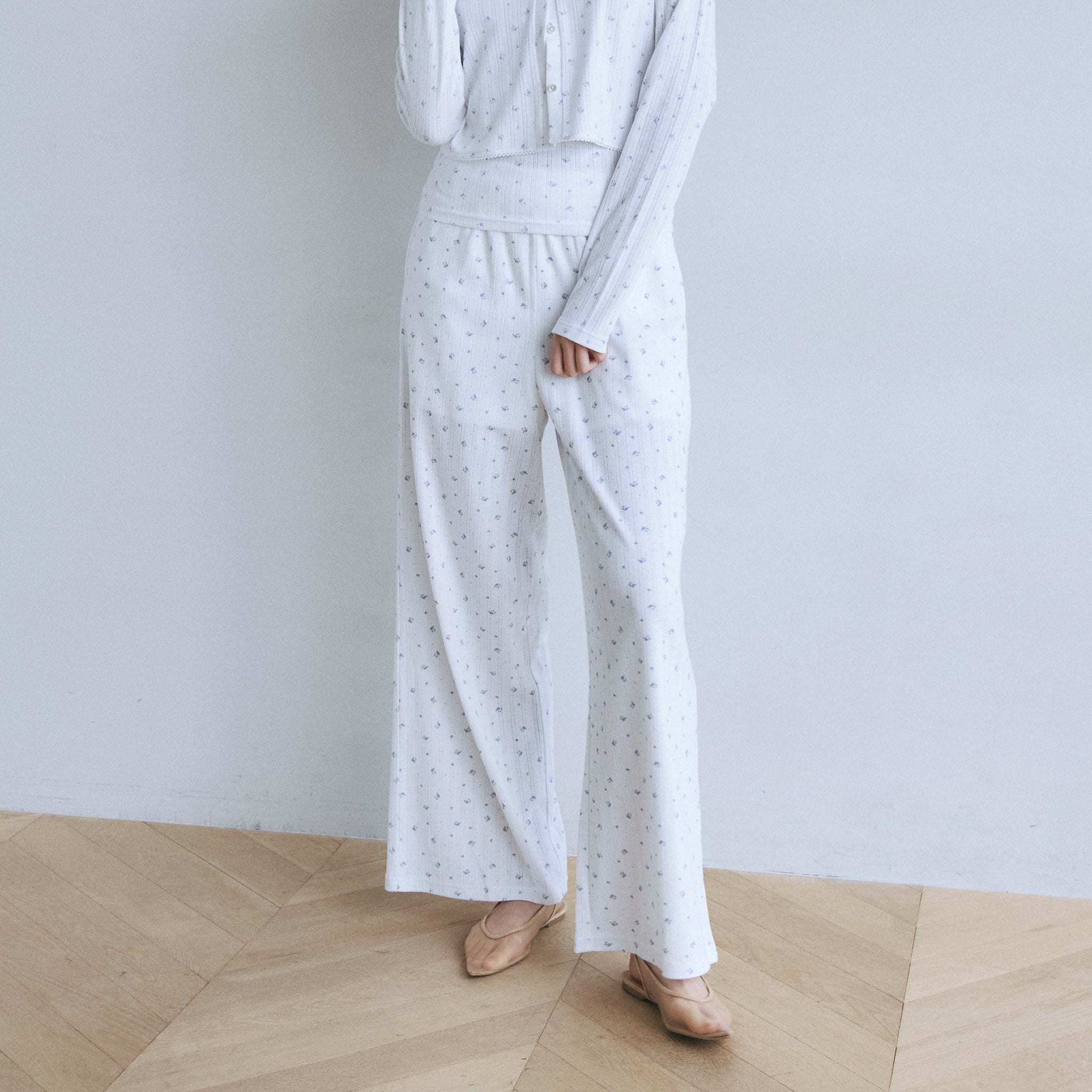 FloralアイレットRIBギャザーパンツ