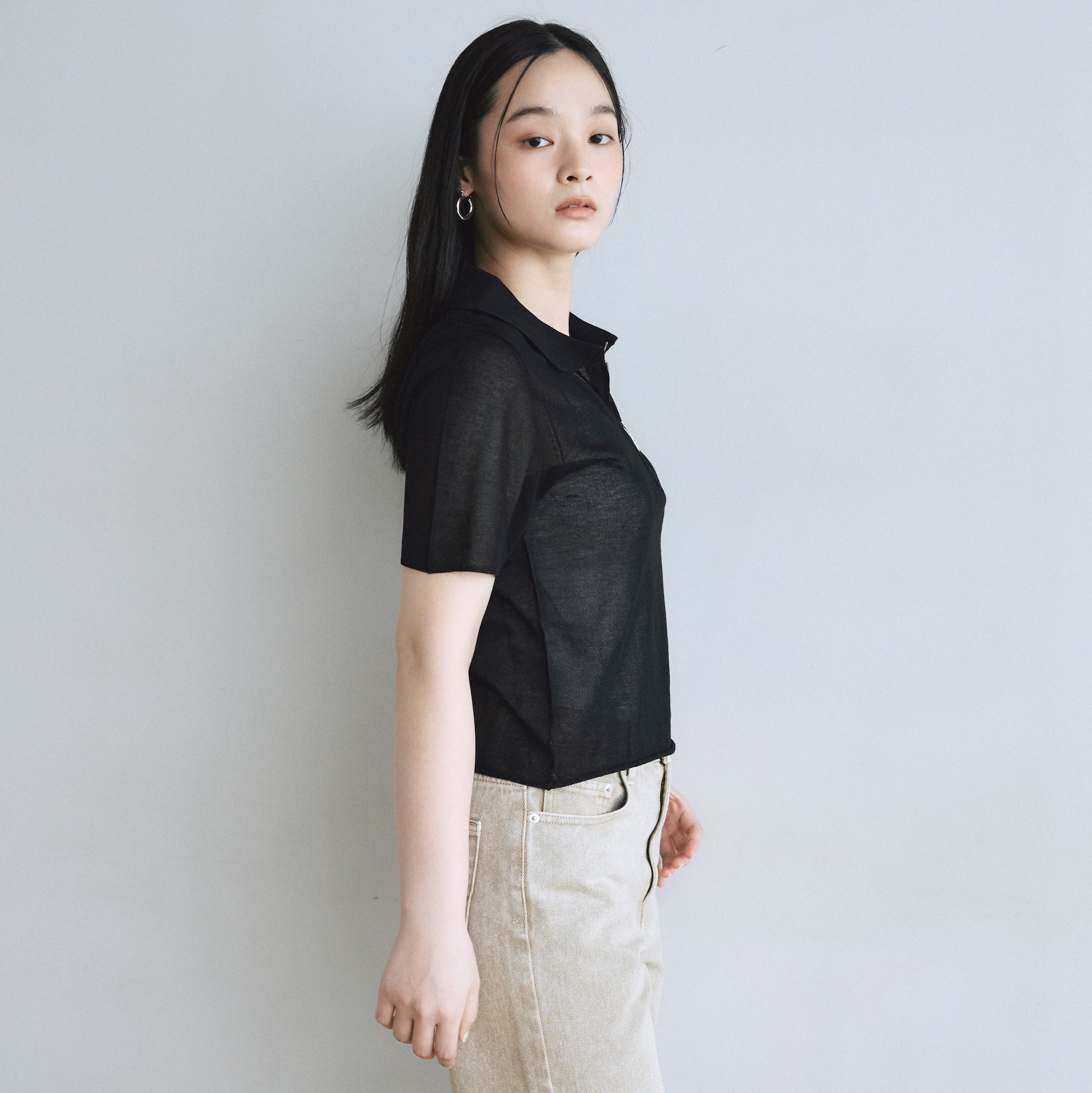 SheerニットZip POLOトップス