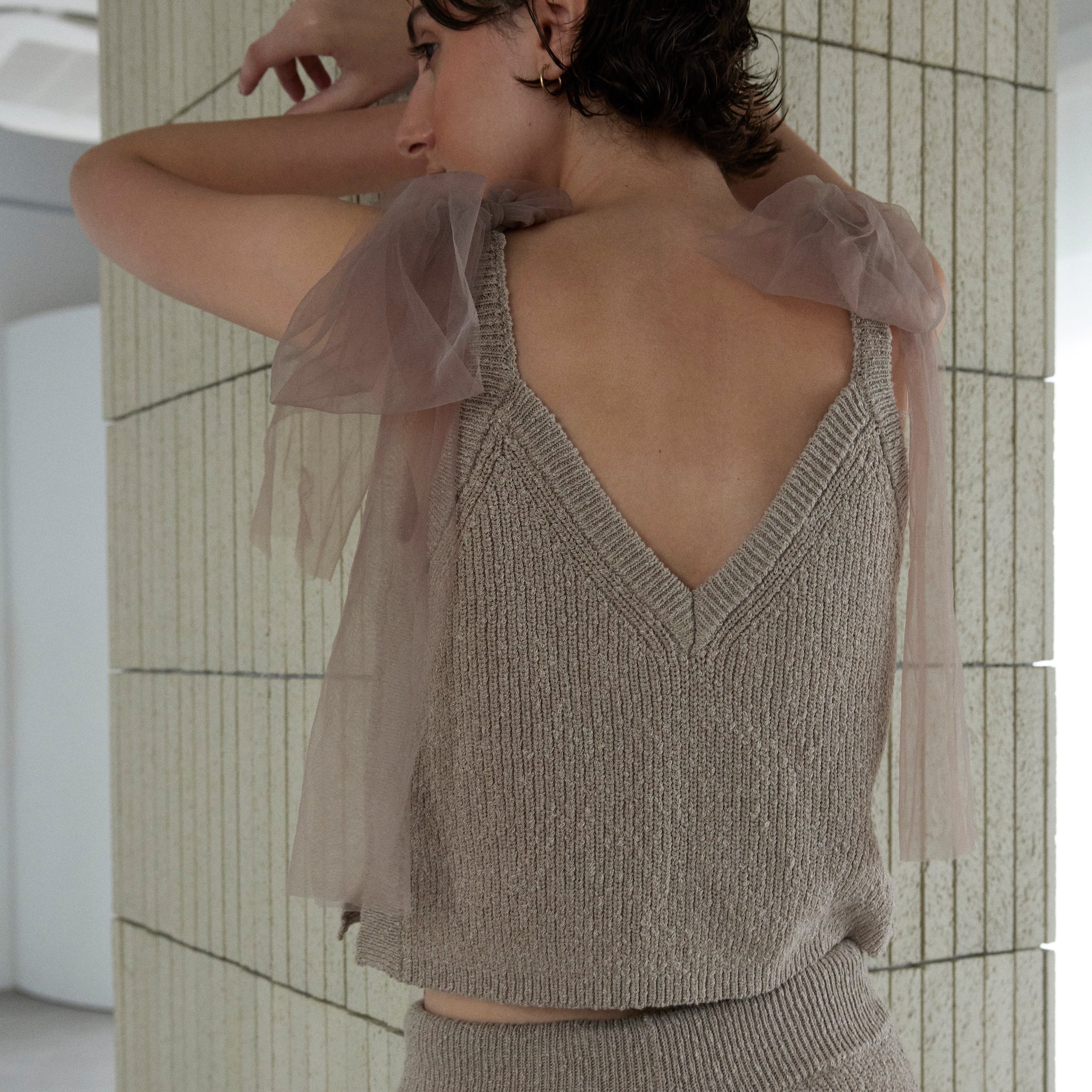 Cotton Boucle Knit Tulle Ribbon Cami