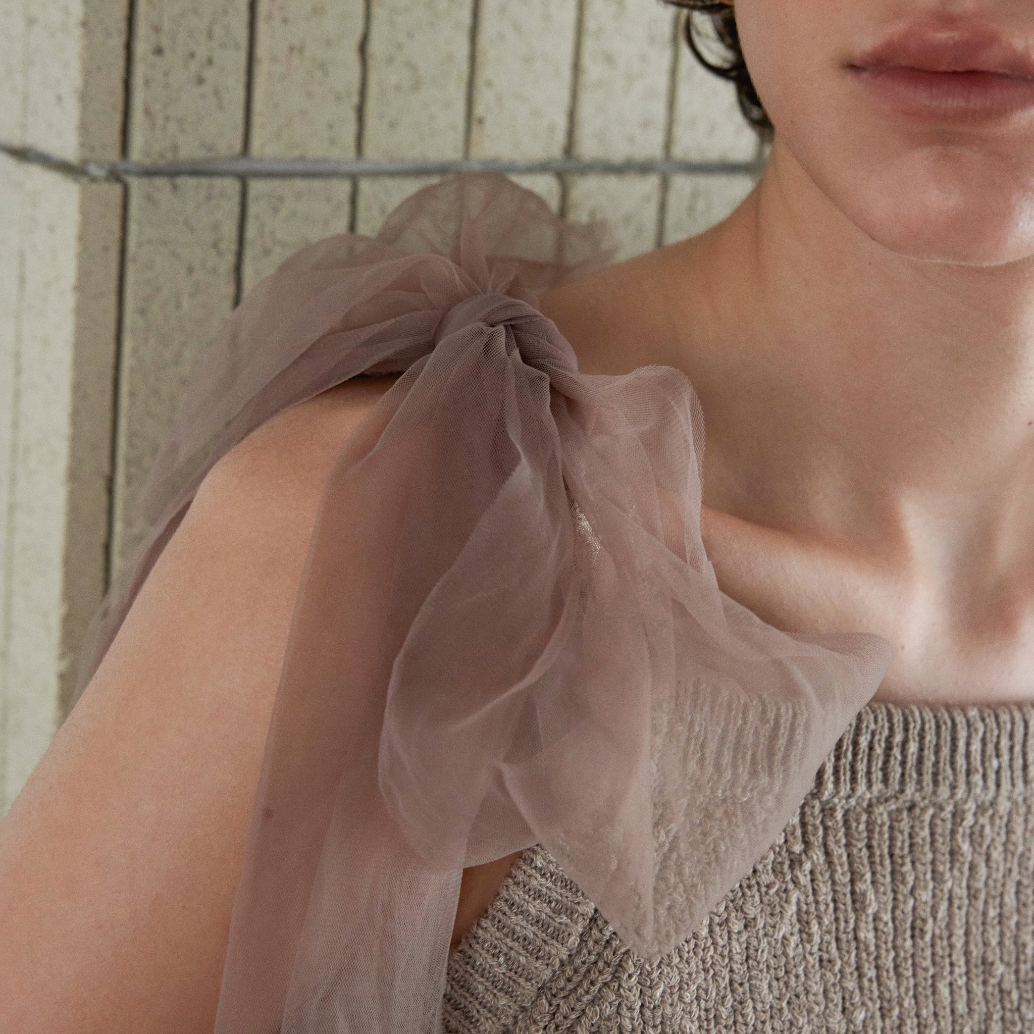 Cotton Boucle Knit Tulle Ribbon Cami