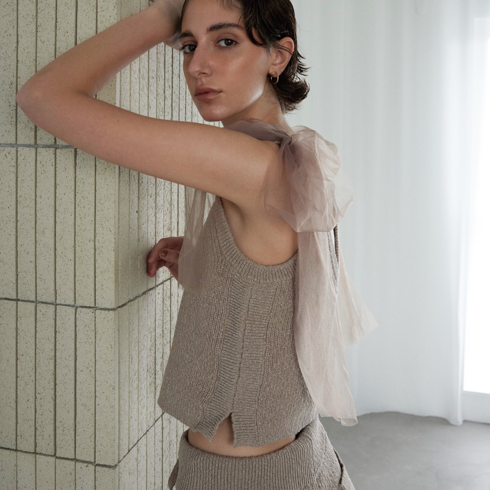 Cotton Boucle Knit Tulle Ribbon Cami