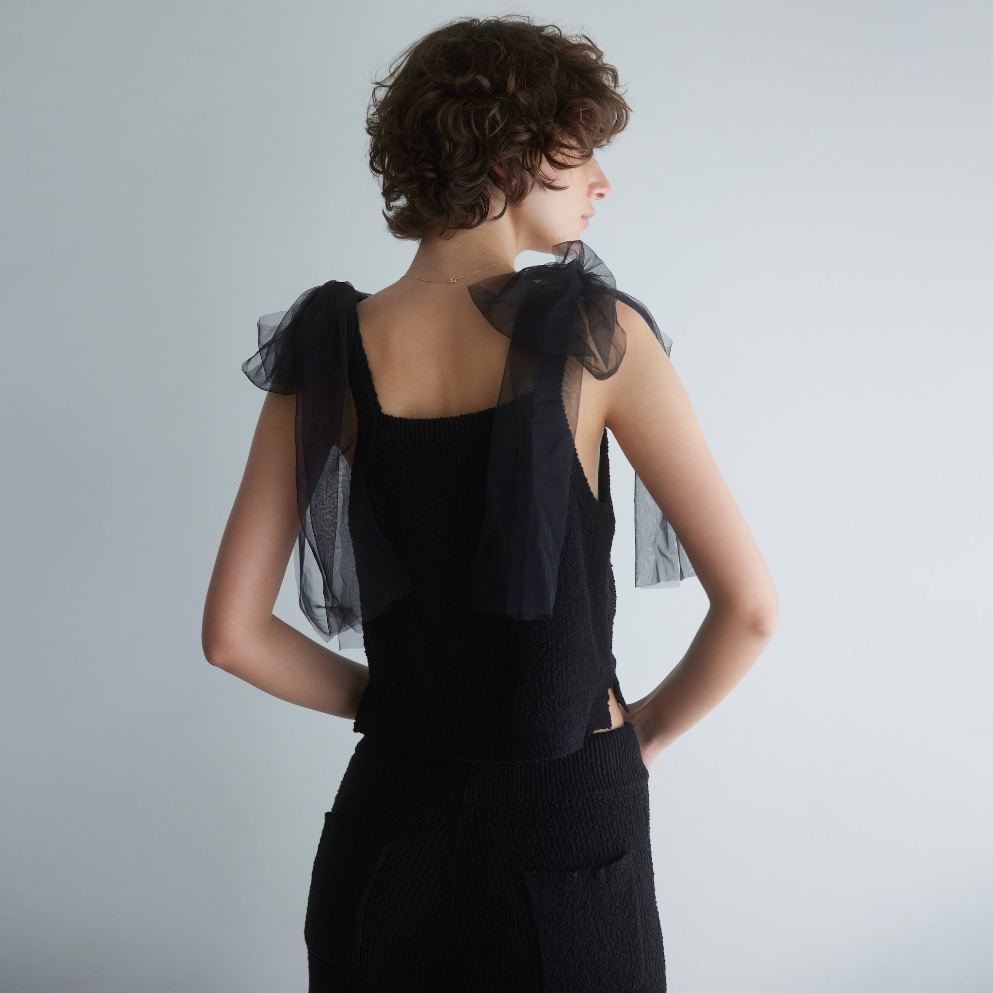 Cotton Boucle Knit Tulle Ribbon Cami