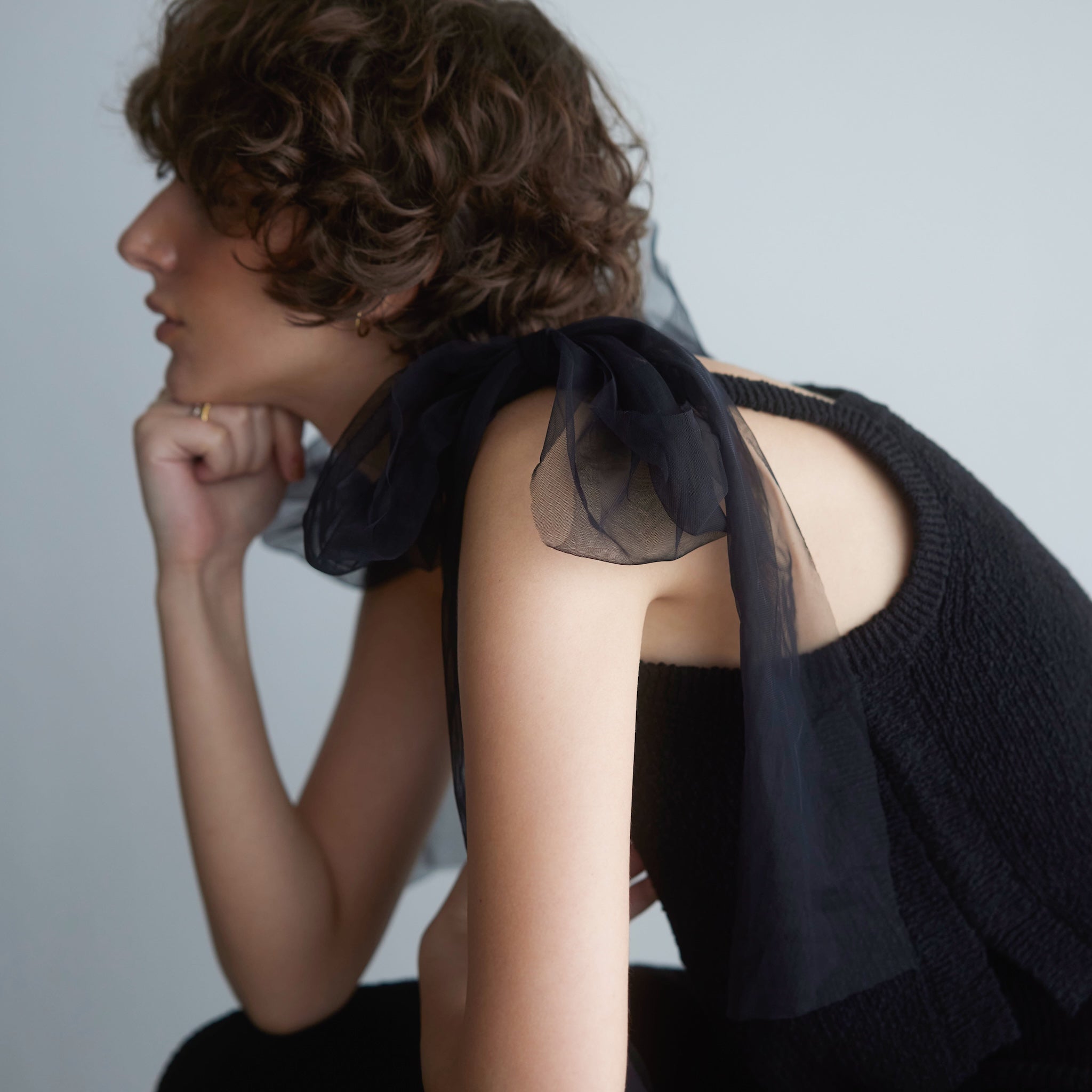 Cotton Boucle Knit Tulle Ribbon Cami