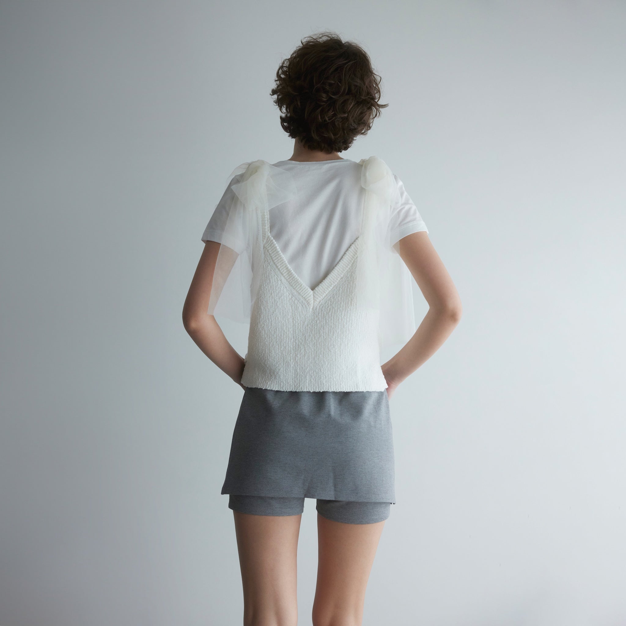 Cotton Boucle Knit Tulle Ribbon Cami