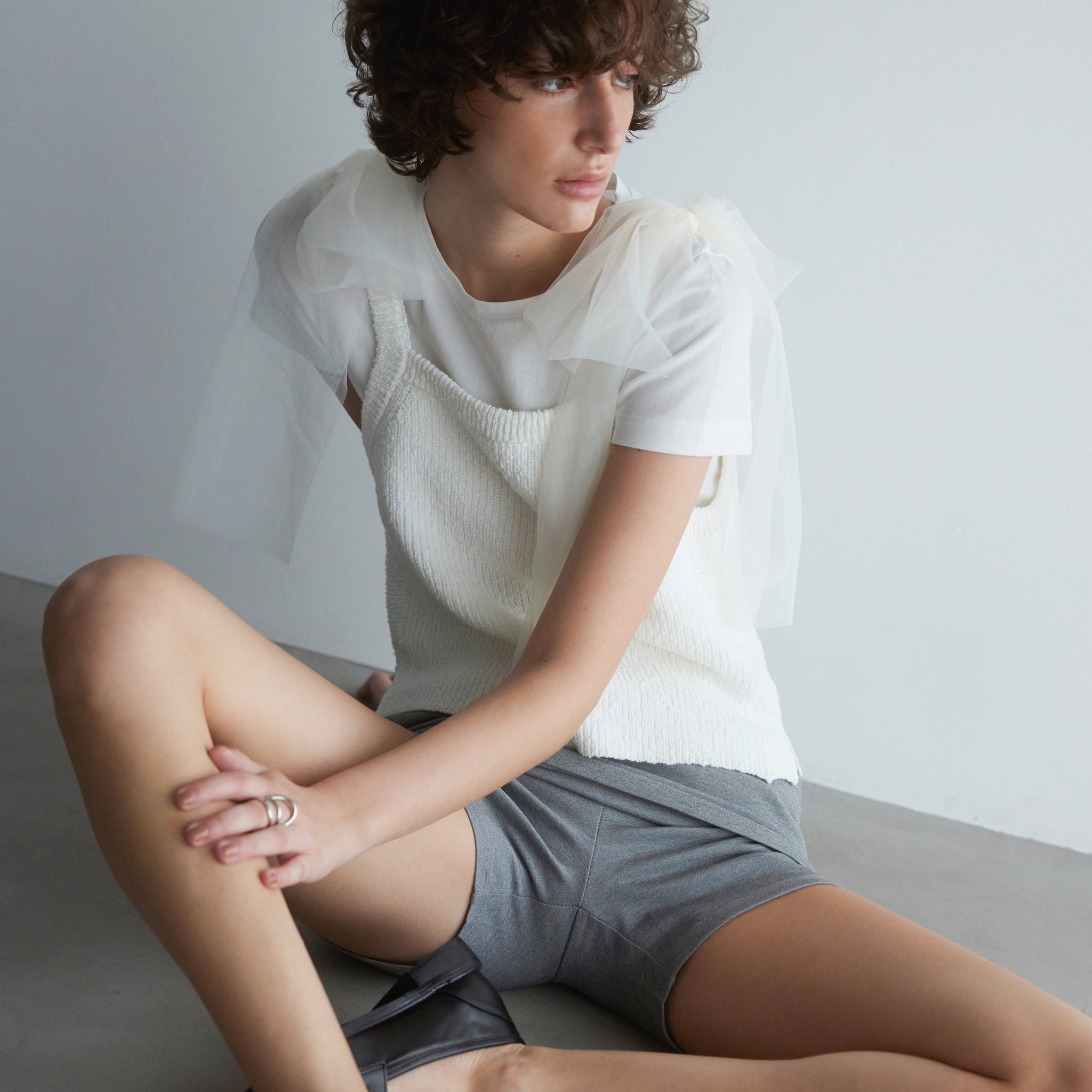 Cotton Boucle Knit Tulle Ribbon Cami