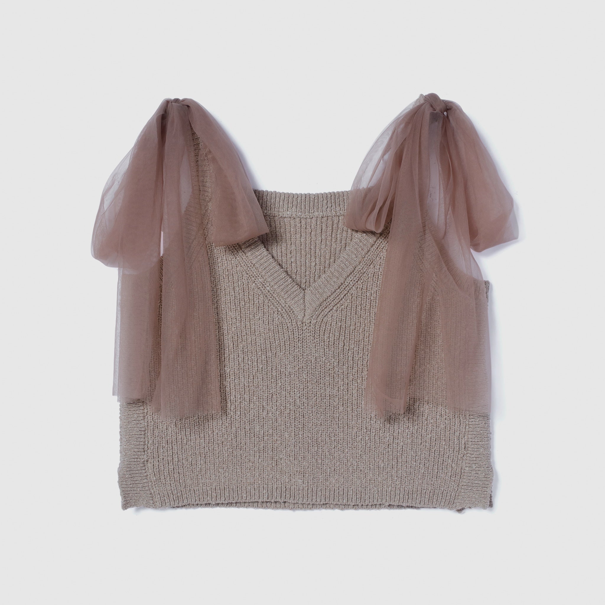 Cotton Boucle Knit Tulle Ribbon Cami